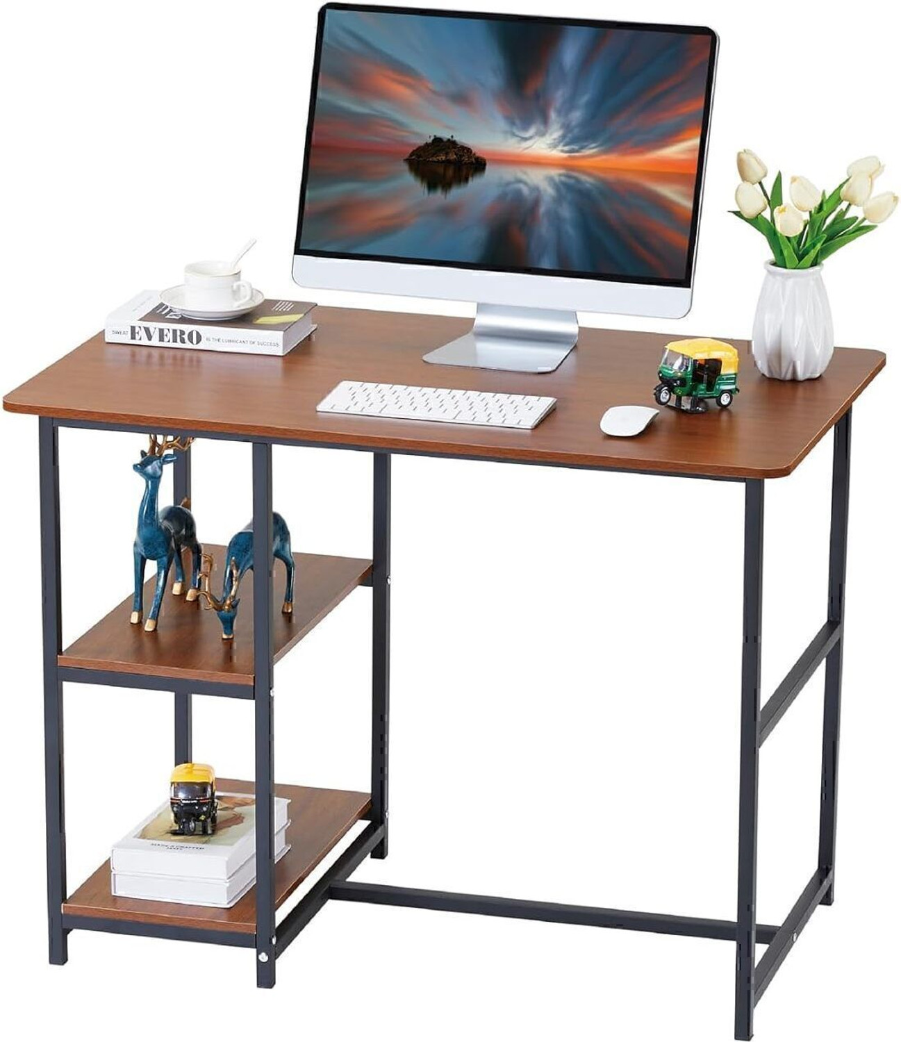 Image of House Of Akasha Multipurpose Study Computer Desk with Shelves for Home Office - Brown Engineered Wood Multipurpose Table