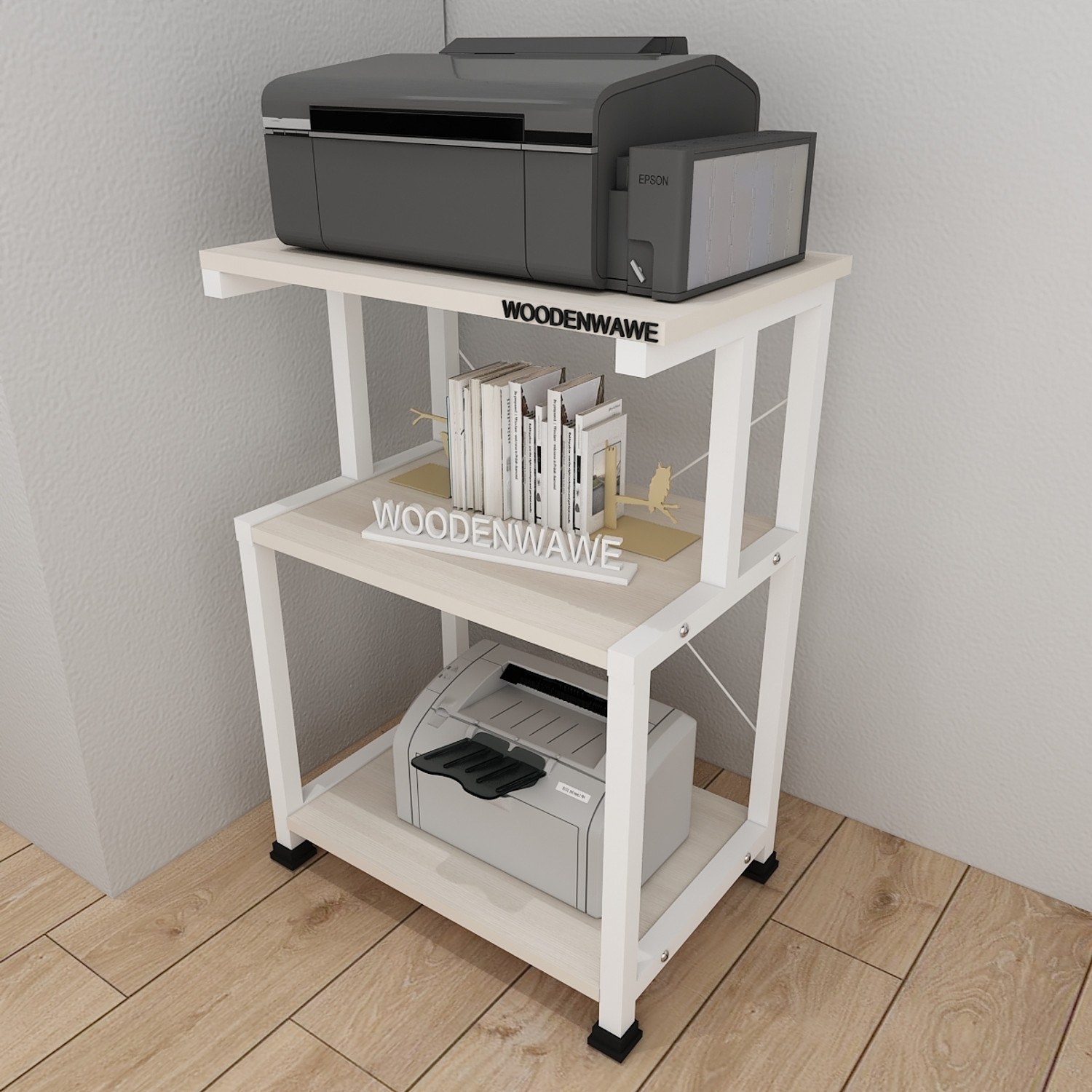Image of WOODENWAWE WOODENWAWE Multi-Purpose Printer 3 Tier Printer Stand, Engineered Wood Multipurpose Table