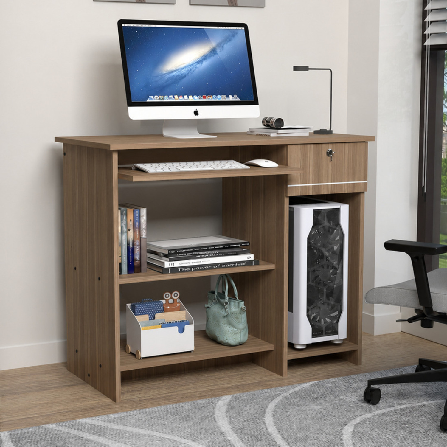 Image of ROOSO LIVING Bingo Study Table with Keyboard Tray, Lockable Drawer,CPU Storage & Open Shelves Engineered Wood Study Table