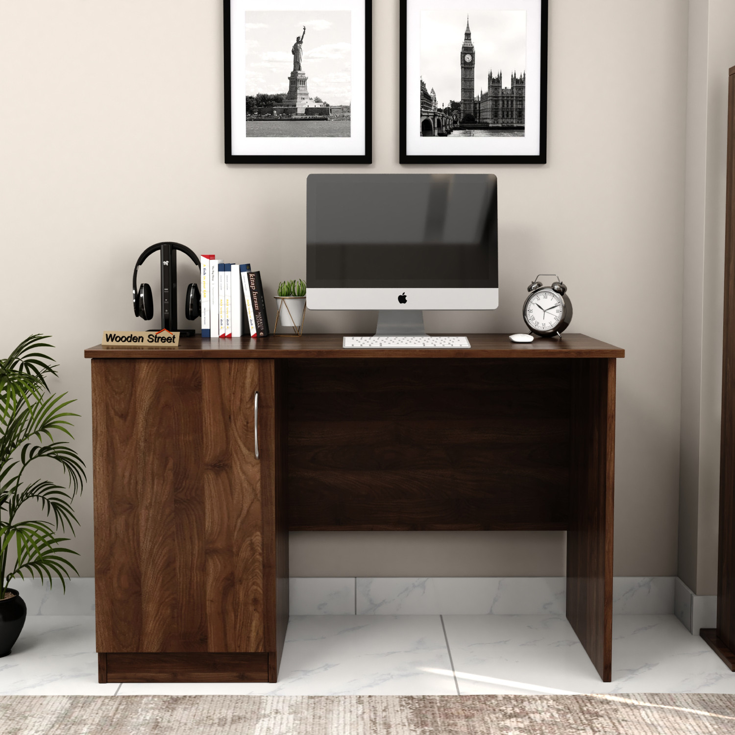 Image of Wooden Street Arc Engineered Wood Study Table With 2 Layer Closed Storage Cabinet (CWF) Engineered Wood Study Table