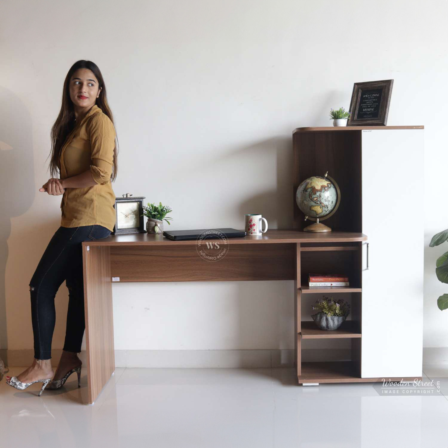 Image of Wooden Street Stanis Engineered Wood Study Table with Frosty White Door Cabinet & Bookshelf Engineered Wood Study Table