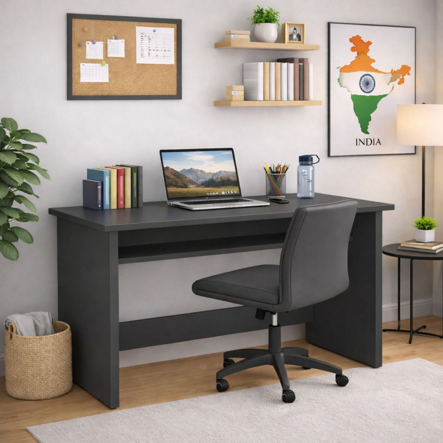 Image of Divysa Modern Study Desk Arrangement with Books, Laptop and Decor Engineered Wood Multipurpose Table
