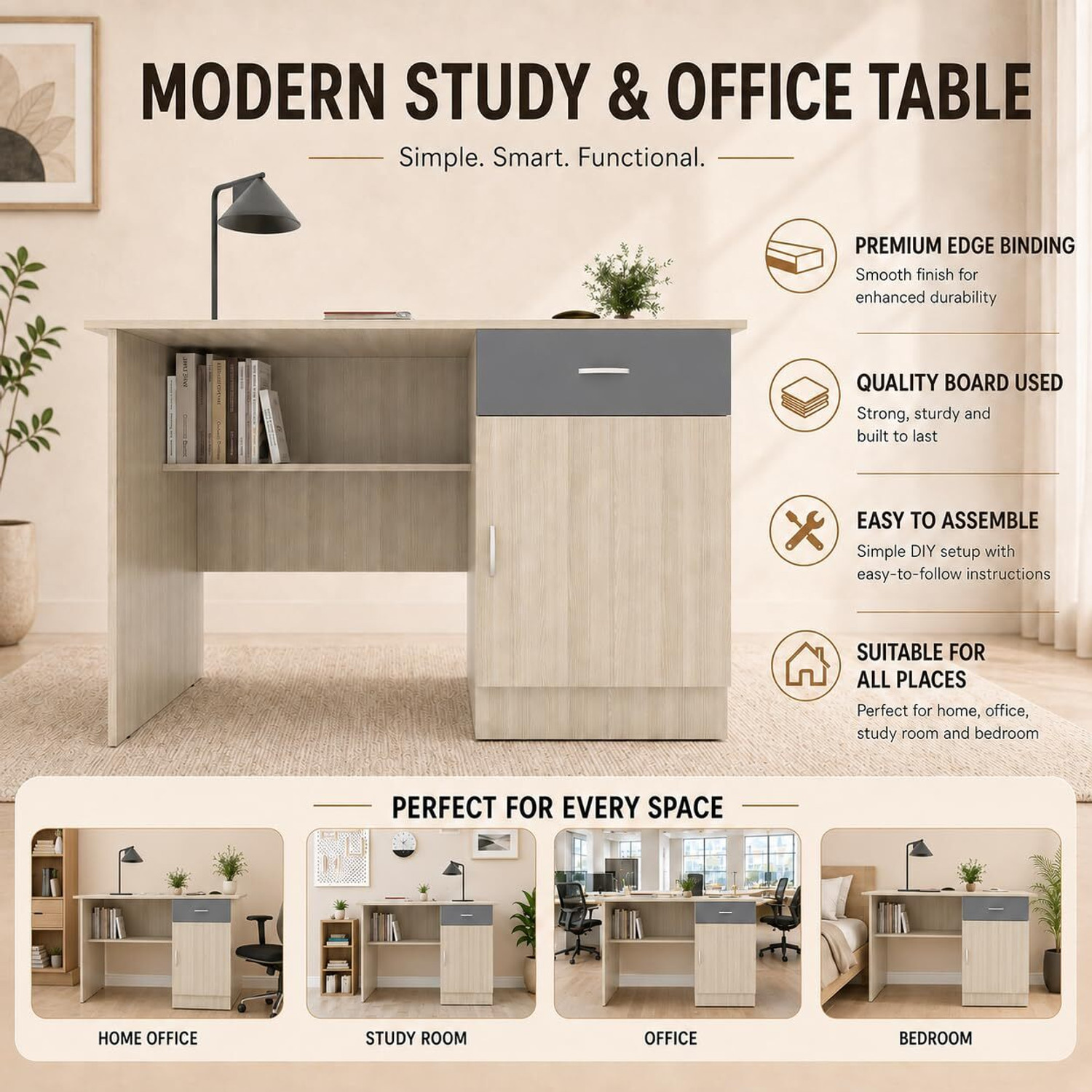 Image of CREATIVE QUBE 120cm Engineered Wood Study Desk with Drawer & Cabinet - Matte Moldau Acacia Engineered Wood Office Table