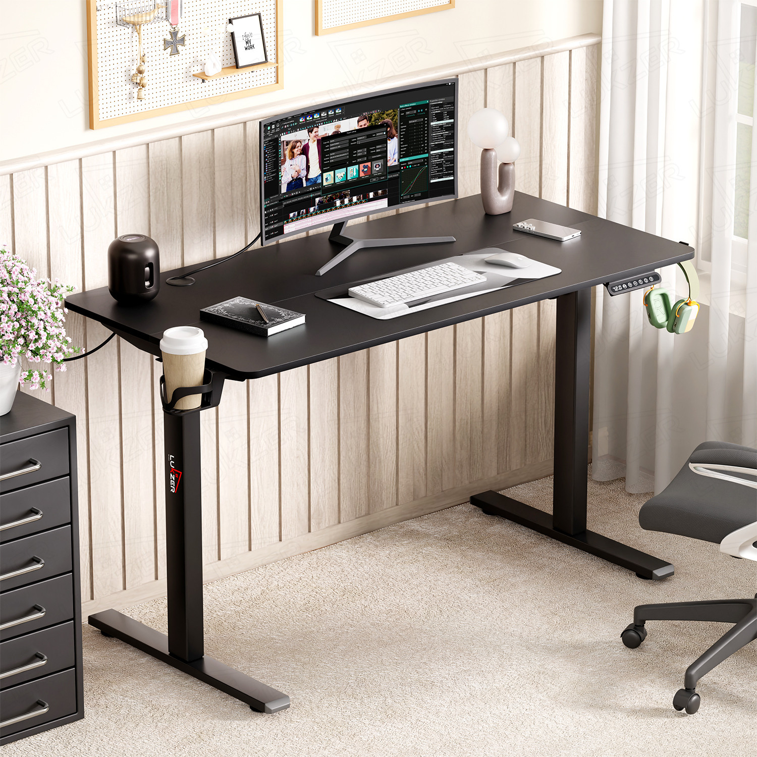 Image of LUKZER Electric Height Adjustable Study Table Sit Stand Desk (EST-003) Engineered Wood Office Table