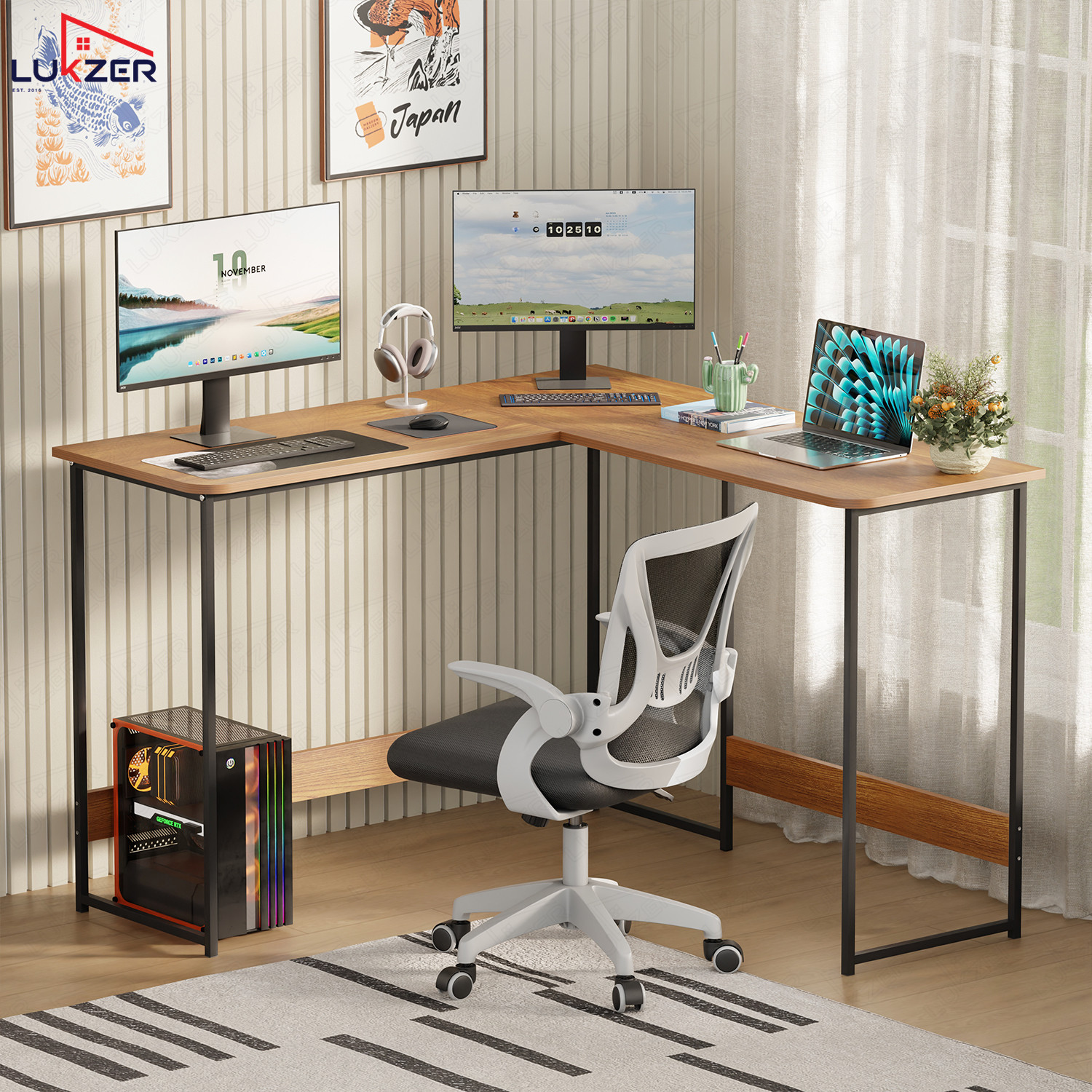 Image of LUKZER Lukzer MST-007 L-Shaped Metal Office Desk Engineered Wood Study Table
