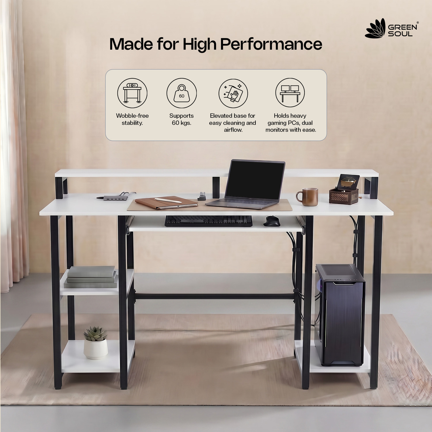 Image of GREEN SOUL Venture Computer Table for Home Office with Keyboard Tray & Monitor Riser Engineered Wood Office Table