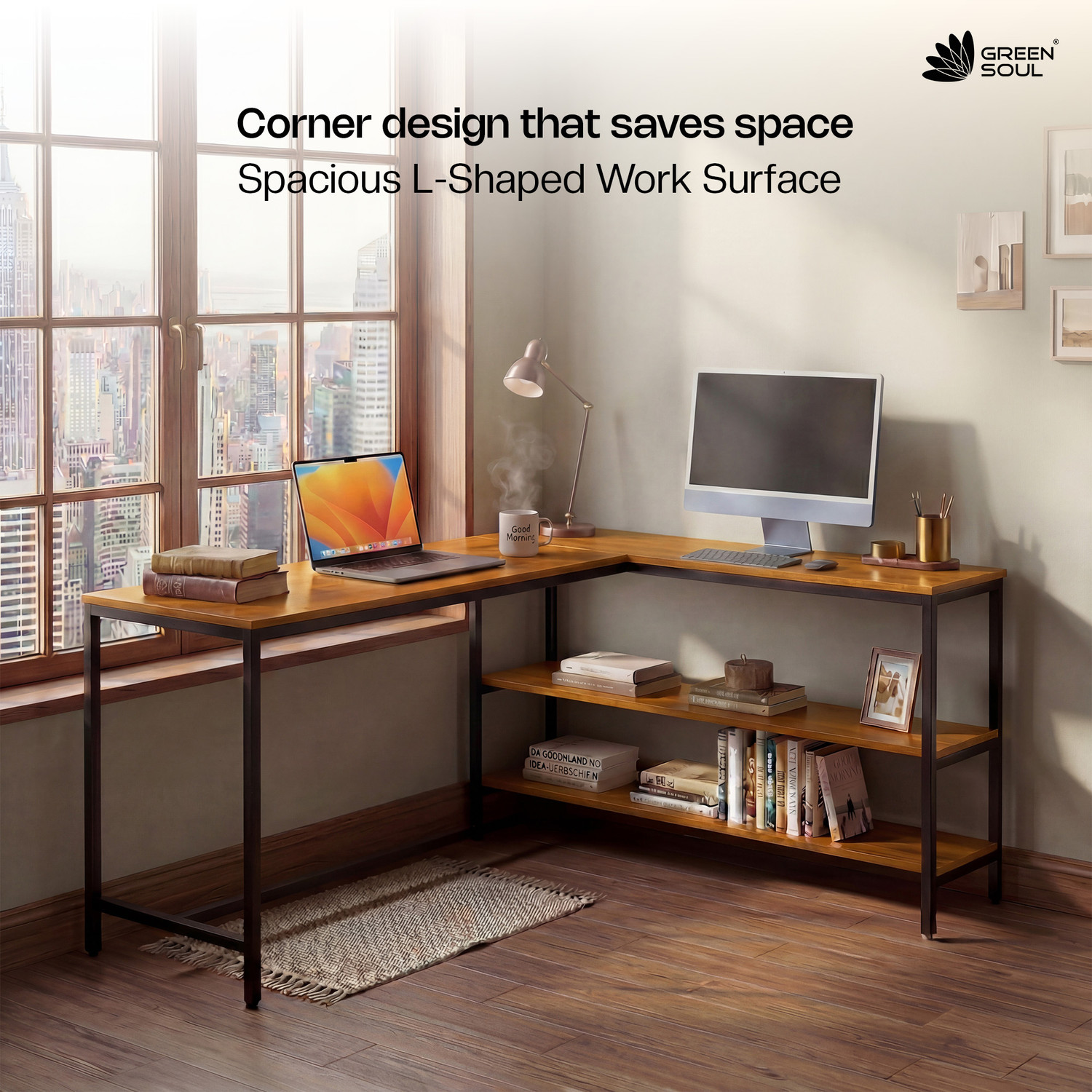 Image of GREEN SOUL Thrive L-Shaped Study Table with Book Shelf for Home and Office Engineered Wood Multipurpose Table