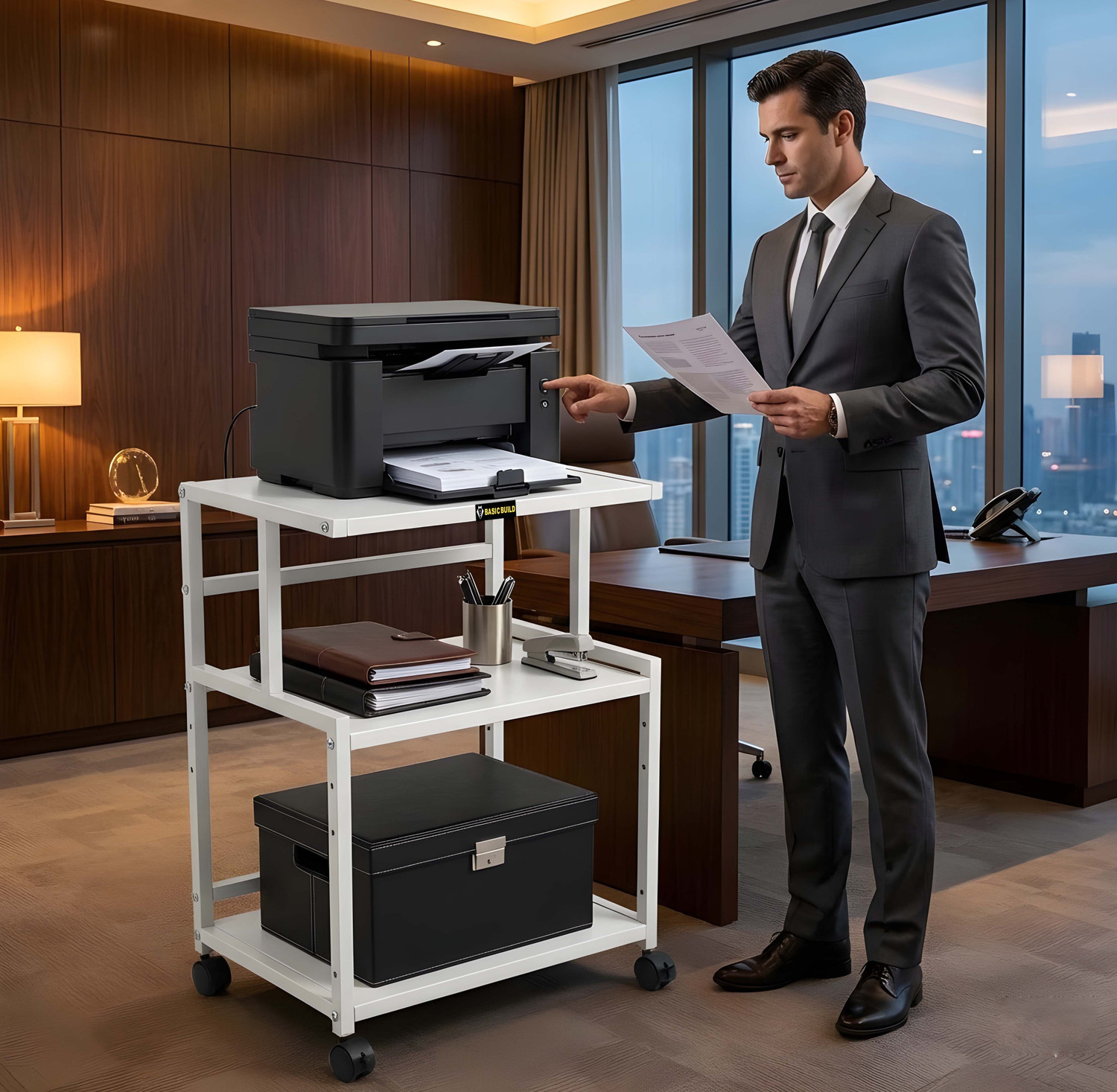 Image of basic build Heavy Duty Office Printer Stand with Lockable Wheels | Multi-Level Storage Rack Metal Study Table (Free Standing, Finish Color - White, DIY(Do-It-Yourself))