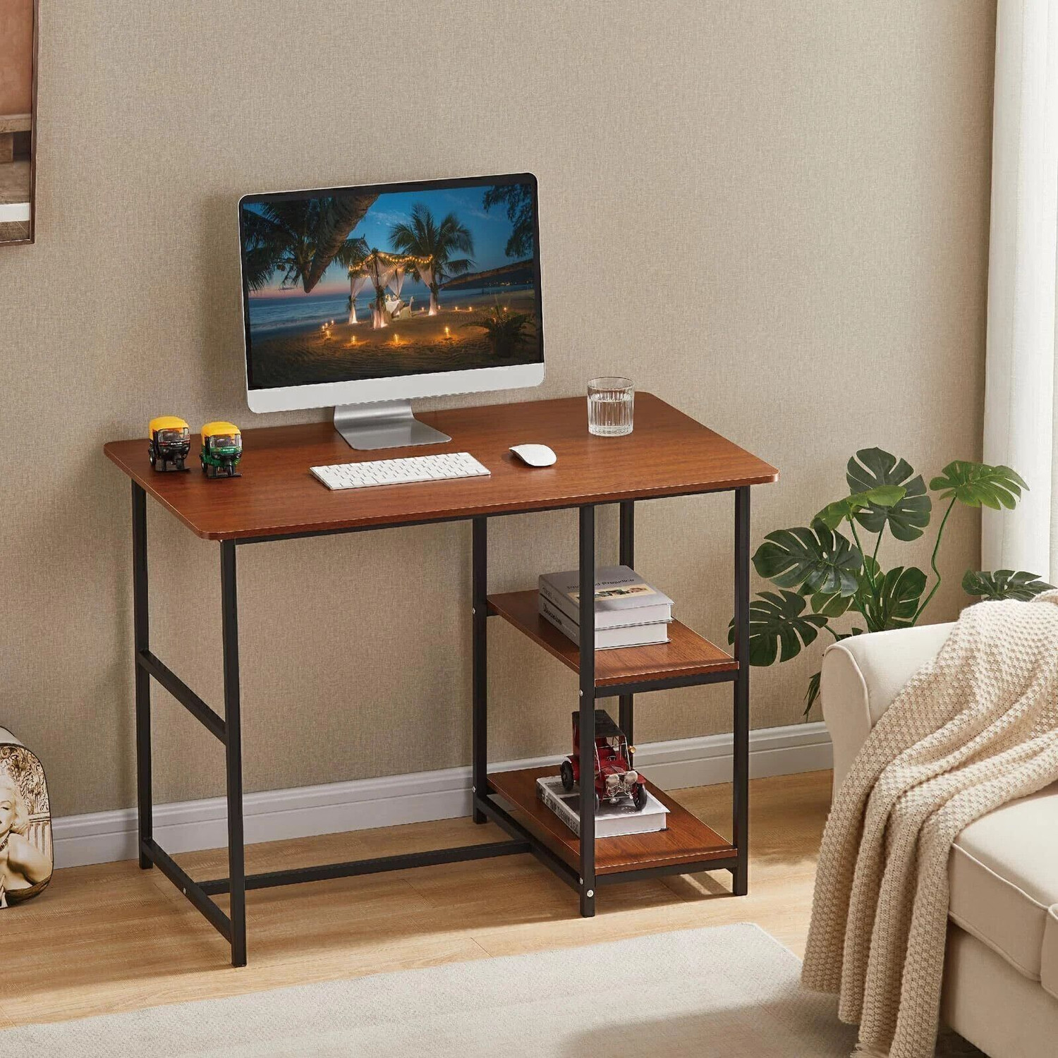 Image of House Of Akasha Multipurpose Study Computer Desk with Shelves for Home Office - Brown Engineered Wood Multipurpose Table