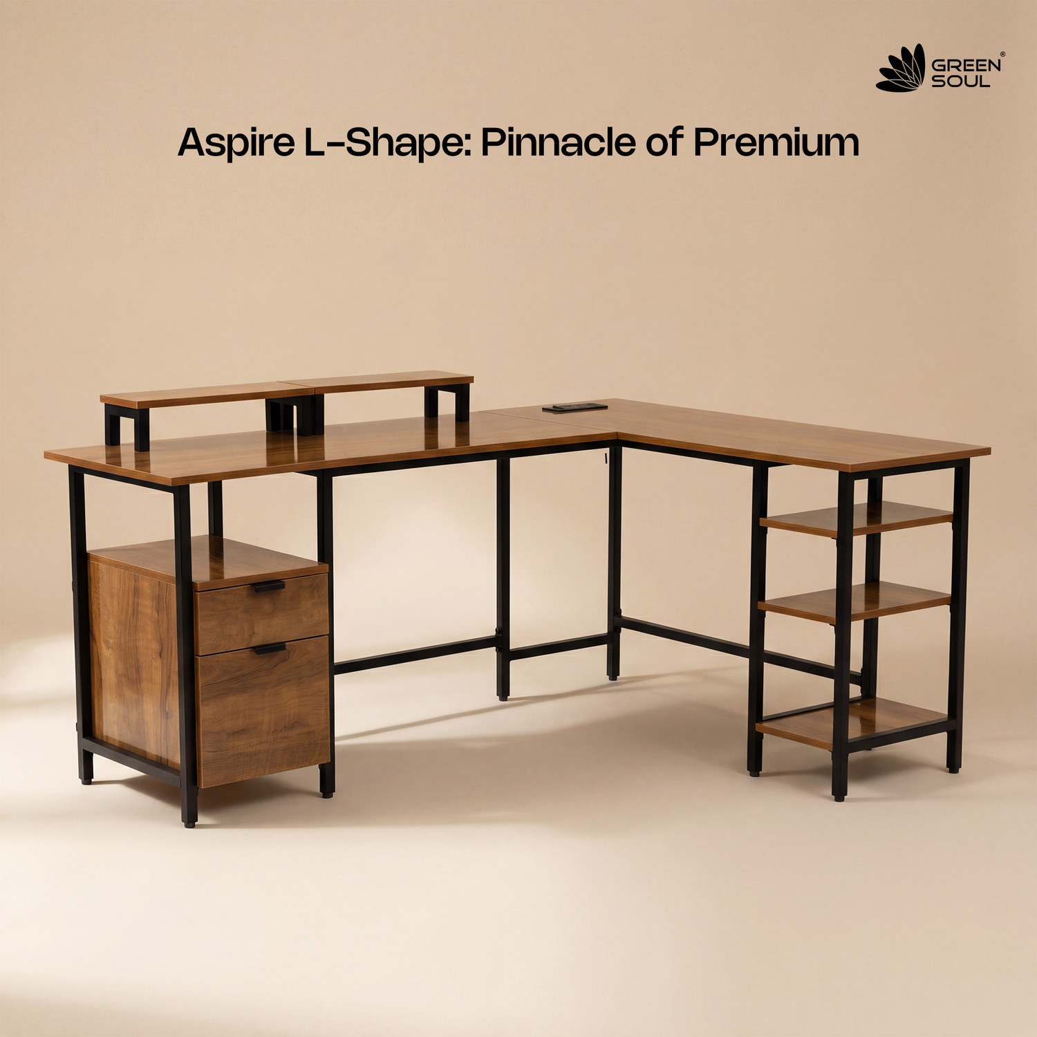 Image of GREEN SOUL Aspire L-Shaped Study Table with Monitor Riser for Home & Office Engineered Wood Multipurpose Table