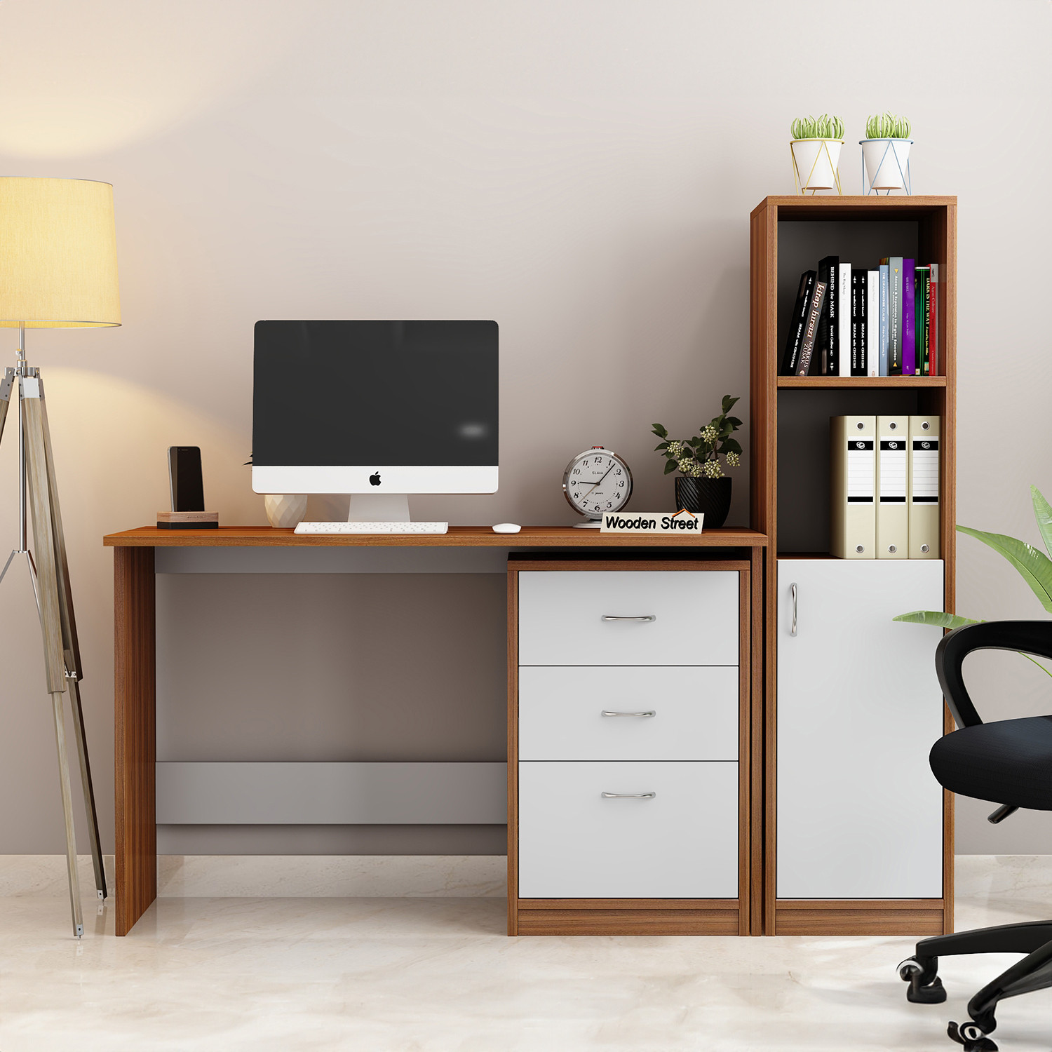Image of Wooden Street Calisto Engineered Wood Study Table (Exotic Teak Frosty White) Engineered Wood Study Table