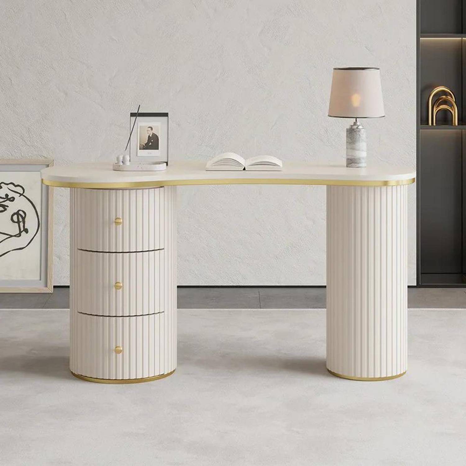 NG Decor Modern Off-White Curved Desk 3-Drawer Wooden Home Office