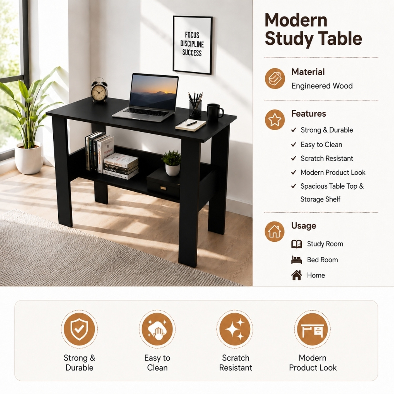 Image of Arizen Portable Work From Home Study Desk Engineered Wood Office Table Engineered Wood Multipurpose Table