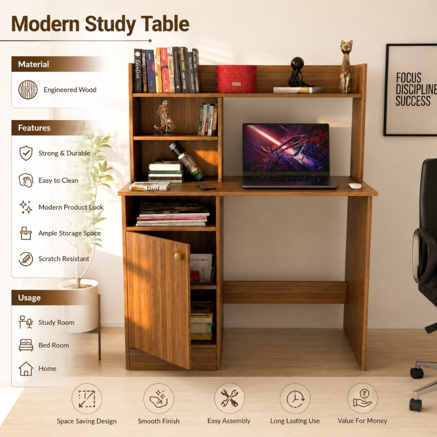 Image of Spyder Craft Multipurpose Portable Study Desk with Hutch Storage & Shelves for Home Office Engineered Wood Study Table