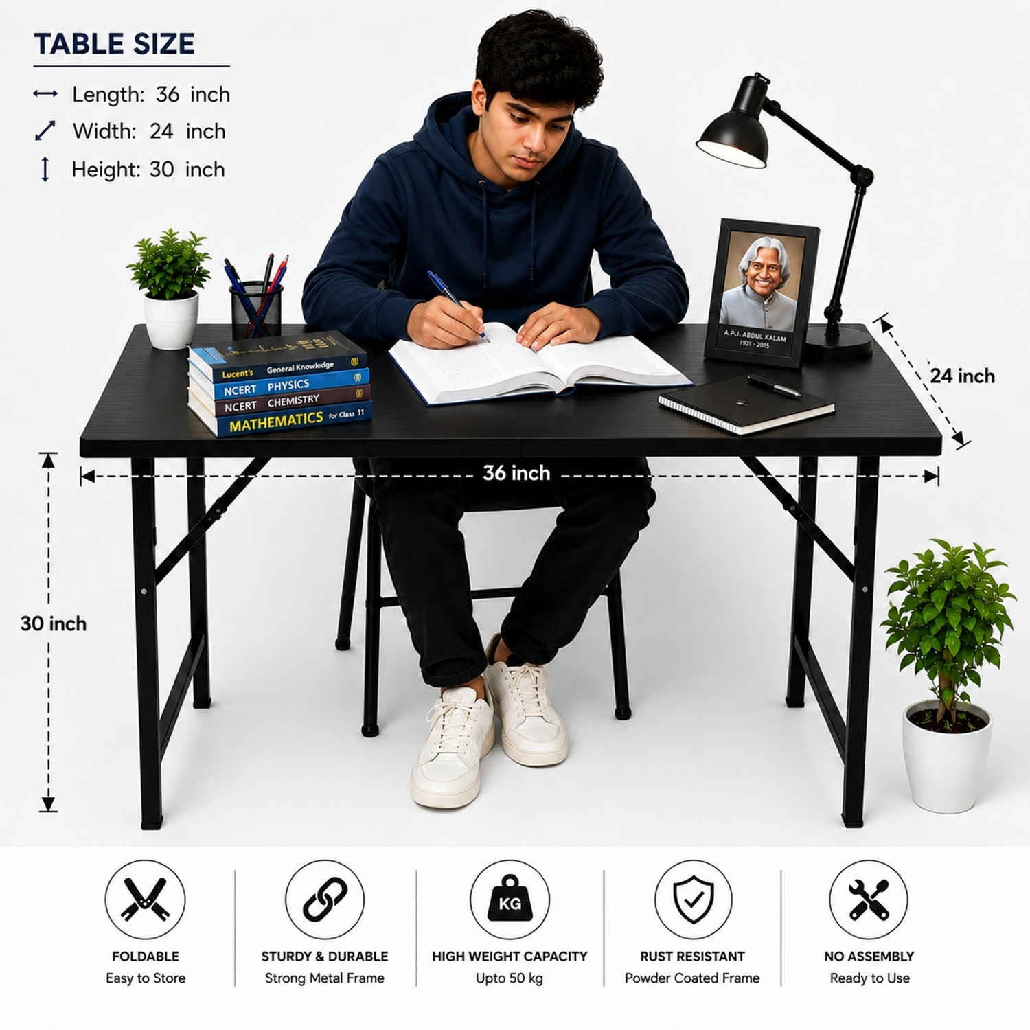 Image of Silverking Folding study table black 3feet x 2feet Engineered Wood Study Table