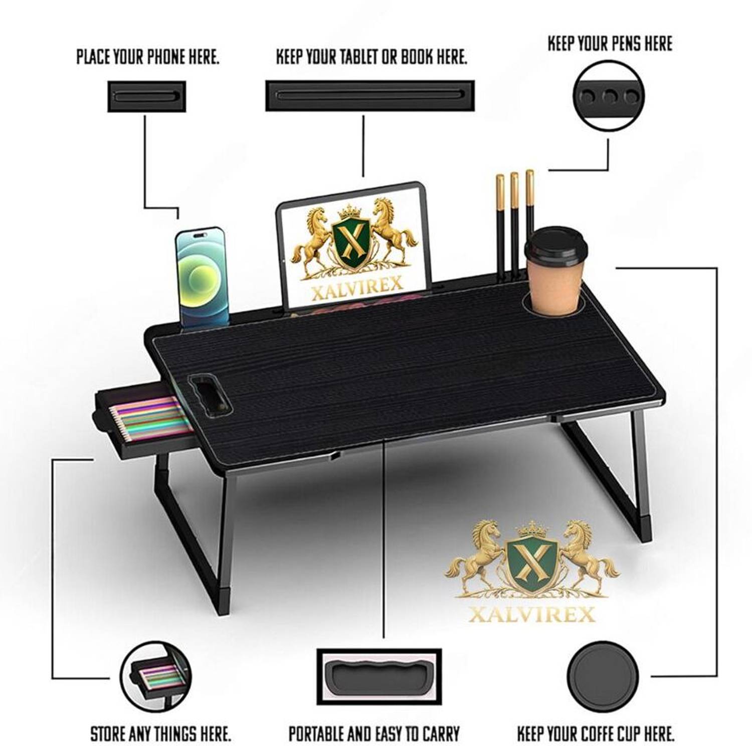 XALVIREX Black Wooden Portable Laptop Table - Image 3