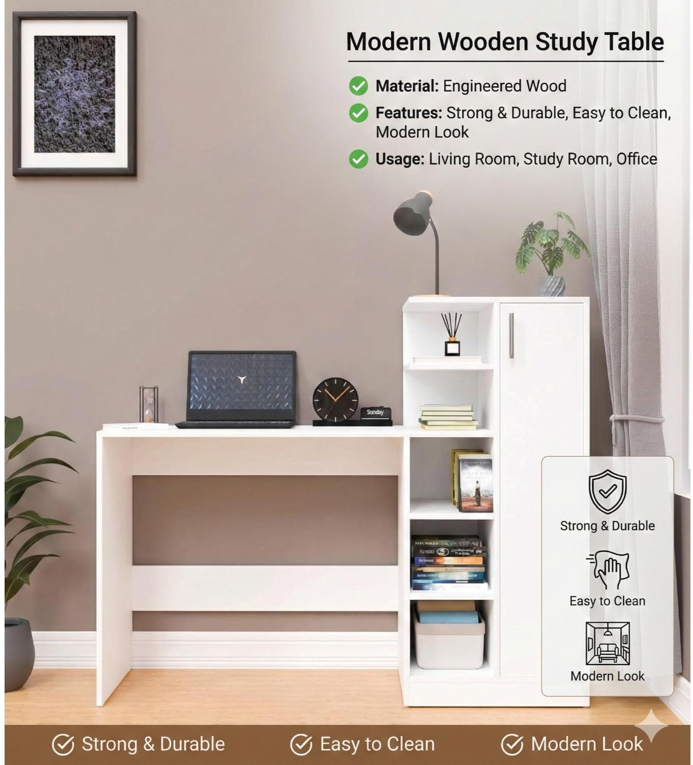 Image of Flipkart Perfect Homes Modern Multipurpose Home Office & Student Desk Study Table with Storage Engineered Wood Study Table