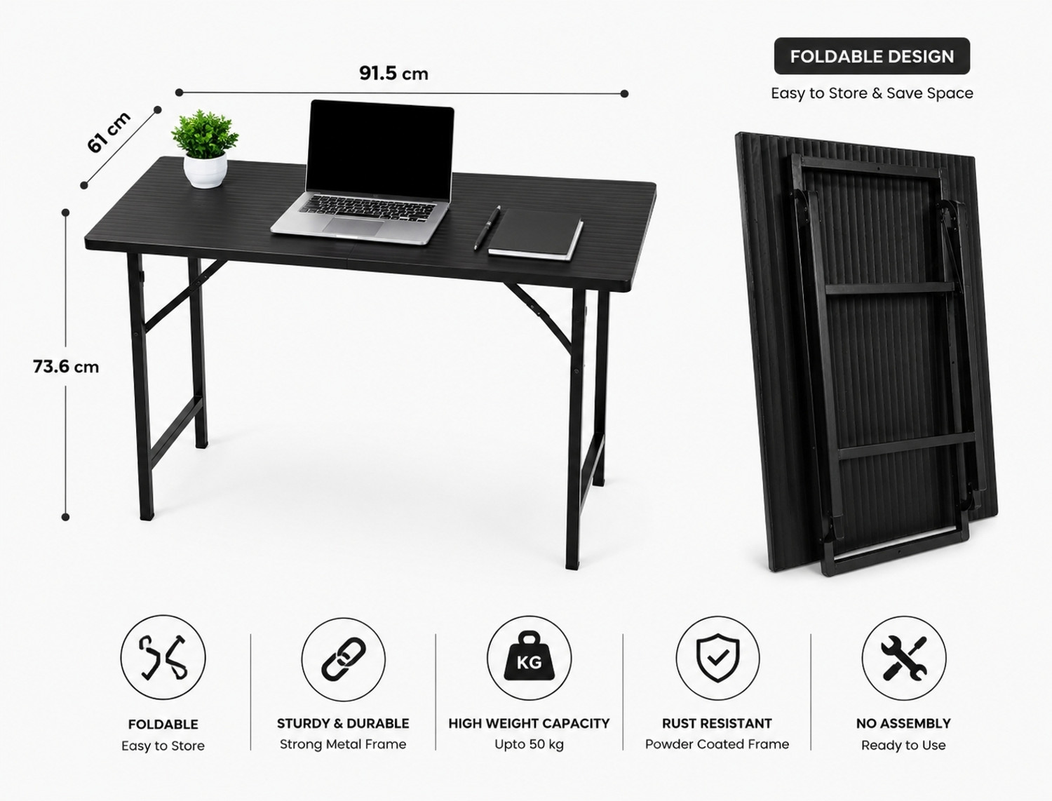 Image of Silverking Folding study table black 3feet x 2feet Engineered Wood Study Table