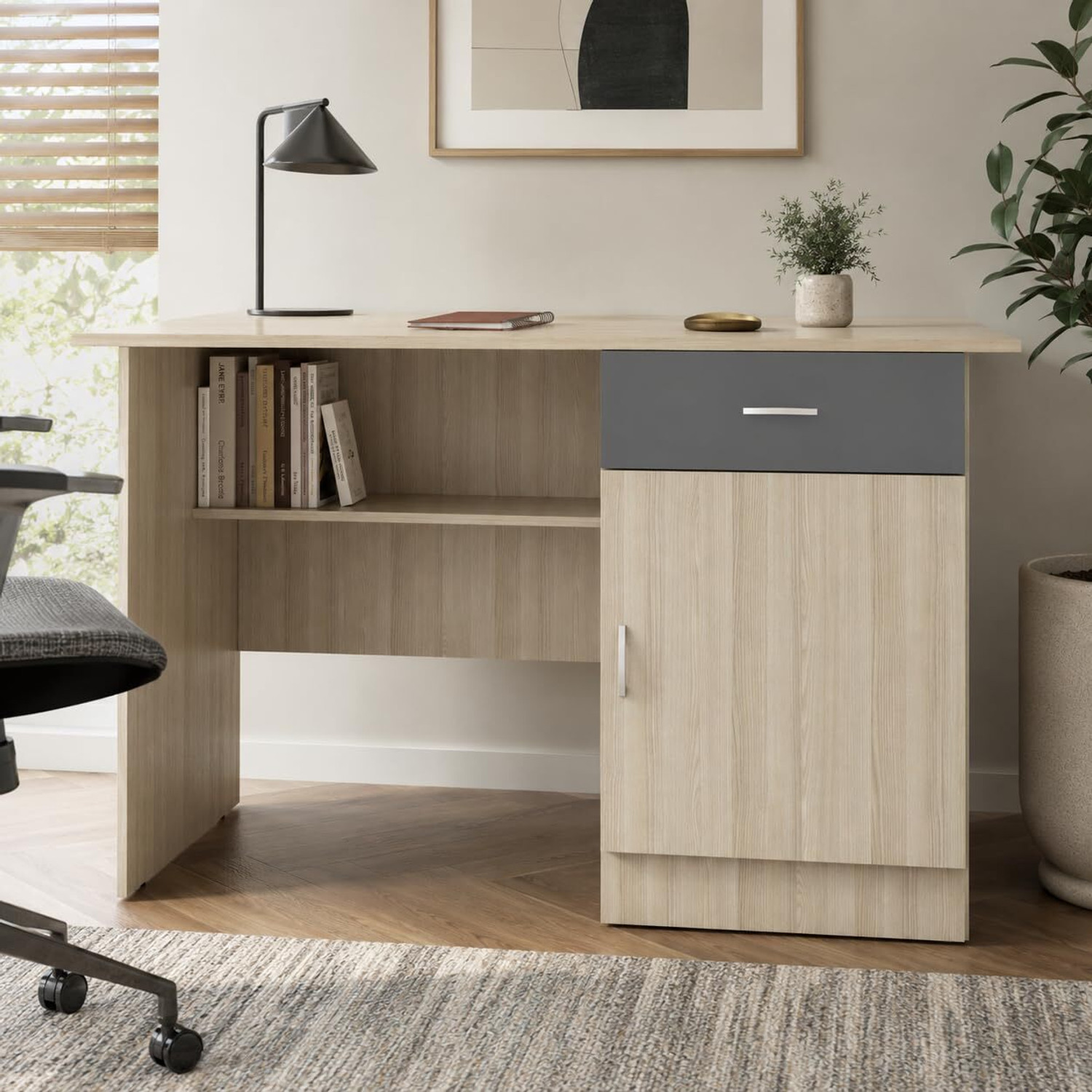 Image of CREATIVE QUBE 120cm Engineered Wood Study Desk with Drawer & Cabinet - Matte Moldau Acacia Engineered Wood Office Table