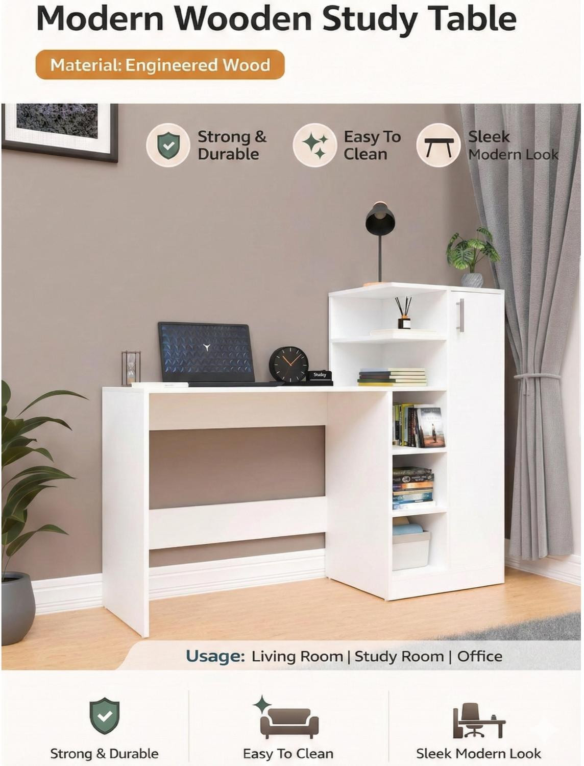 Image of Flipkart Perfect Homes Modern Multipurpose Home Office & Student Desk Study Table with Storage Engineered Wood Study Table