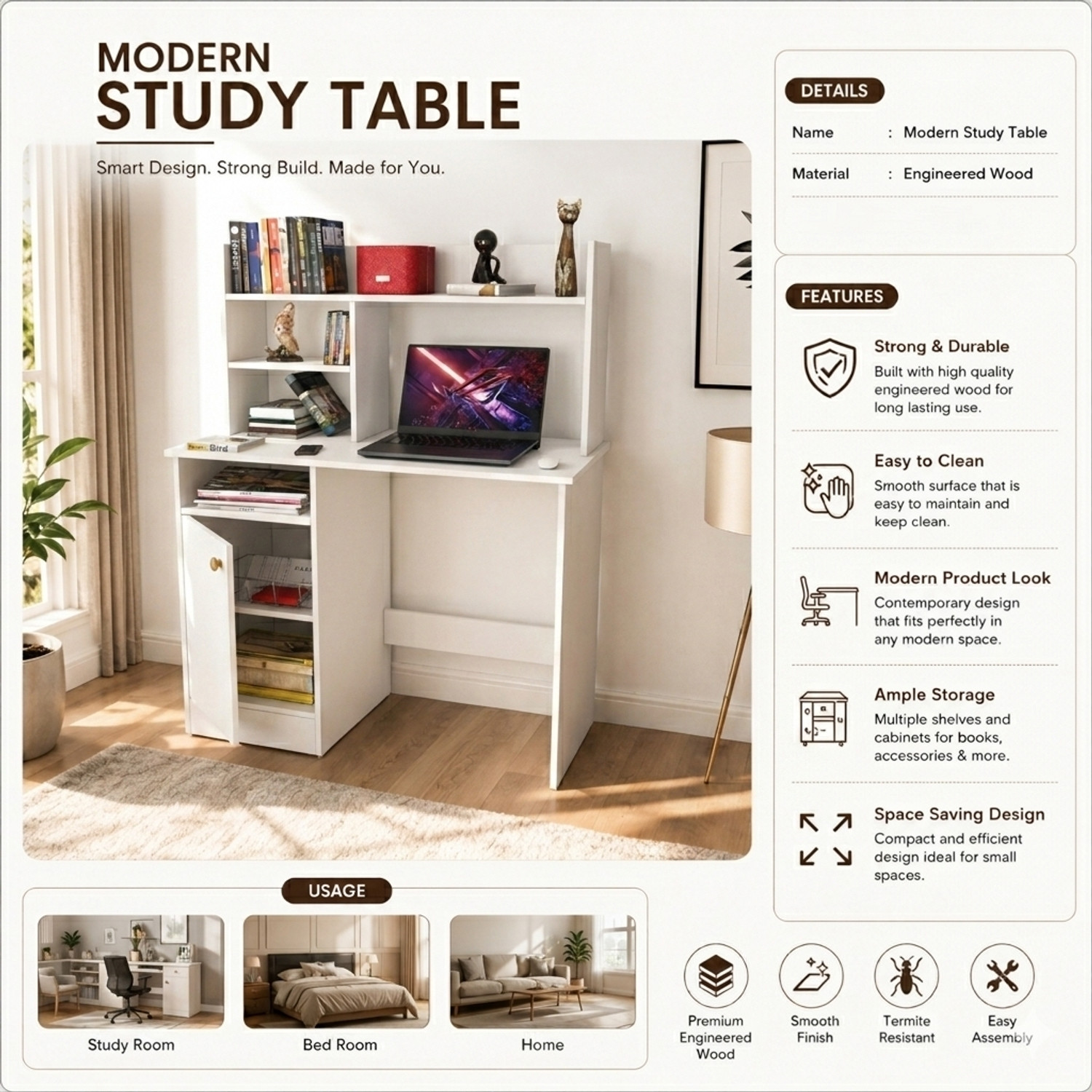 Image of Flipkart Perfect Homes Study Table with Storage Cabinet | Modern Office Desk | Computer Work Table Engineered Wood Study Table