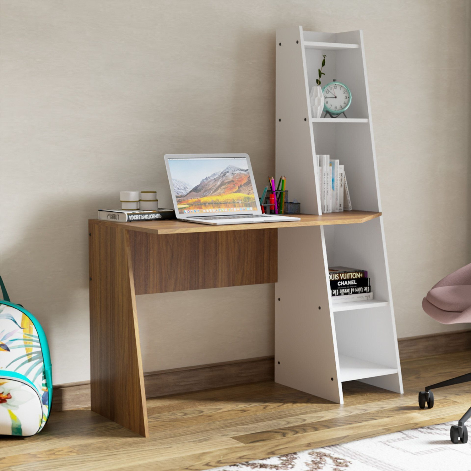 Image of neuspace Neuton Study Table with Additional Storage Bookshelf | Computer Table Engineered Wood Multipurpose Table