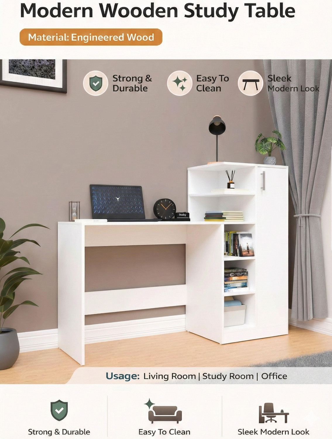 Image of Flipkart Perfect Homes Multipurpose Portable Study Desk with Hutch Storage & Shelves for Home Office Engineered Wood Study Table