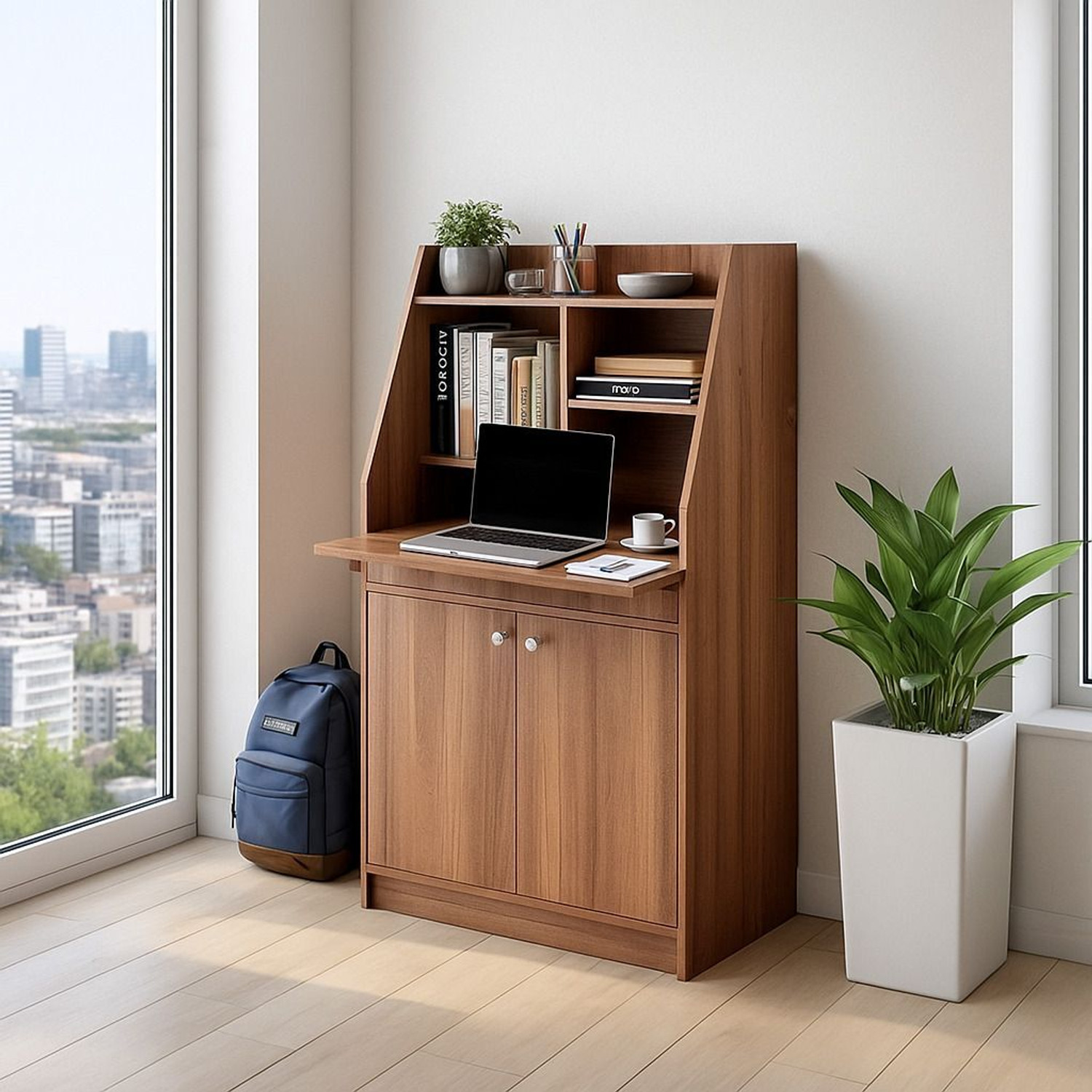 Image of neuspace WOW Study Table with Bookshelf & 2 Door Storage Cabinet | Foldable Work Desk Engineered Wood Study Table