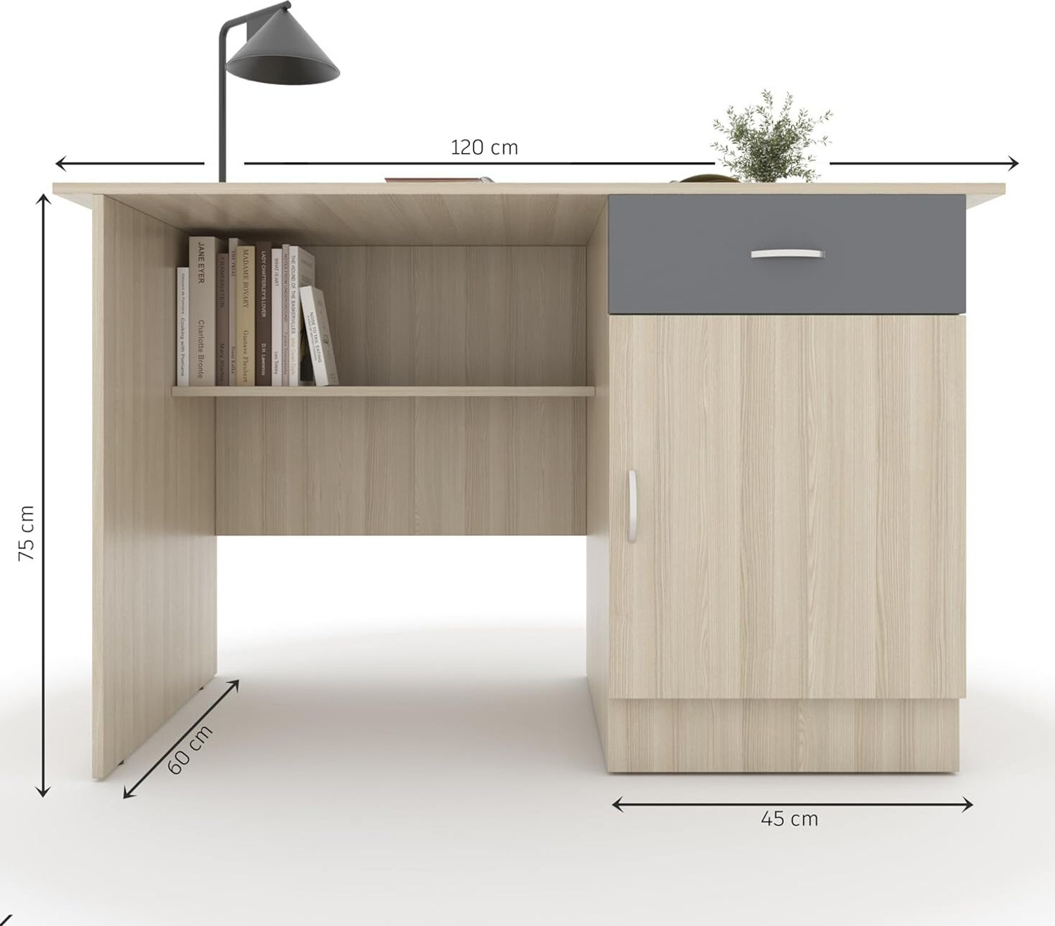 Image of CREATIVE QUBE 120cm Engineered Wood Study Desk with Drawer & Cabinet - Matte Moldau Acacia Engineered Wood Office Table