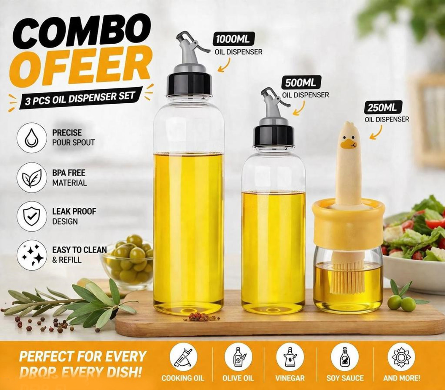 Image of Jaybalaji 250 ml, 500 ml, 1000 ml Cooking Oil Dispenser Set