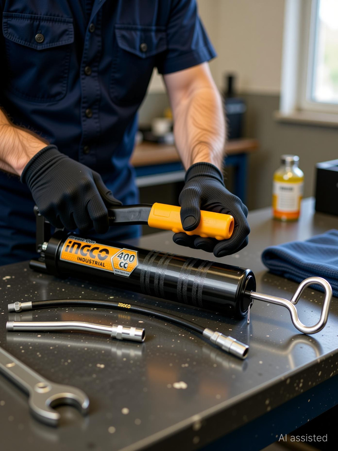 Image of INGCO 400CC / 14Oz Heavy-Duty Grease Gun, with High Pressure Flexible Nylon Hose, Manual Pump