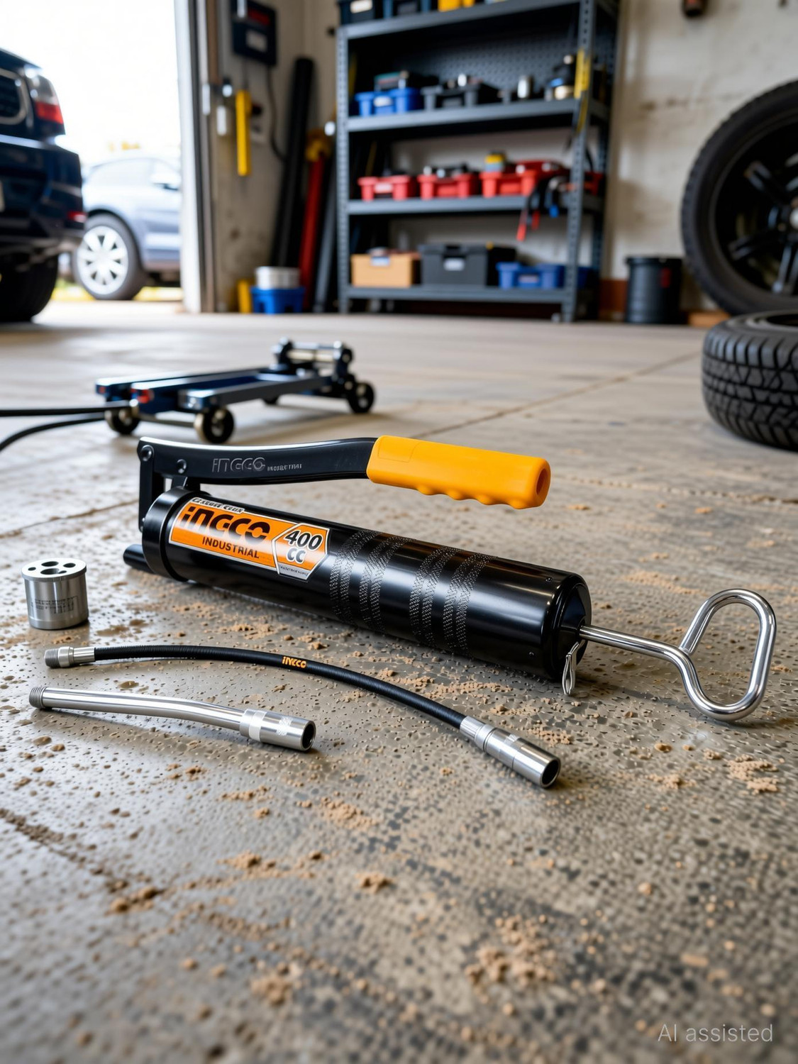 Image of INGCO 400CC / 14Oz Heavy-Duty Grease Gun, with High Pressure Flexible Nylon Hose, Manual Pump