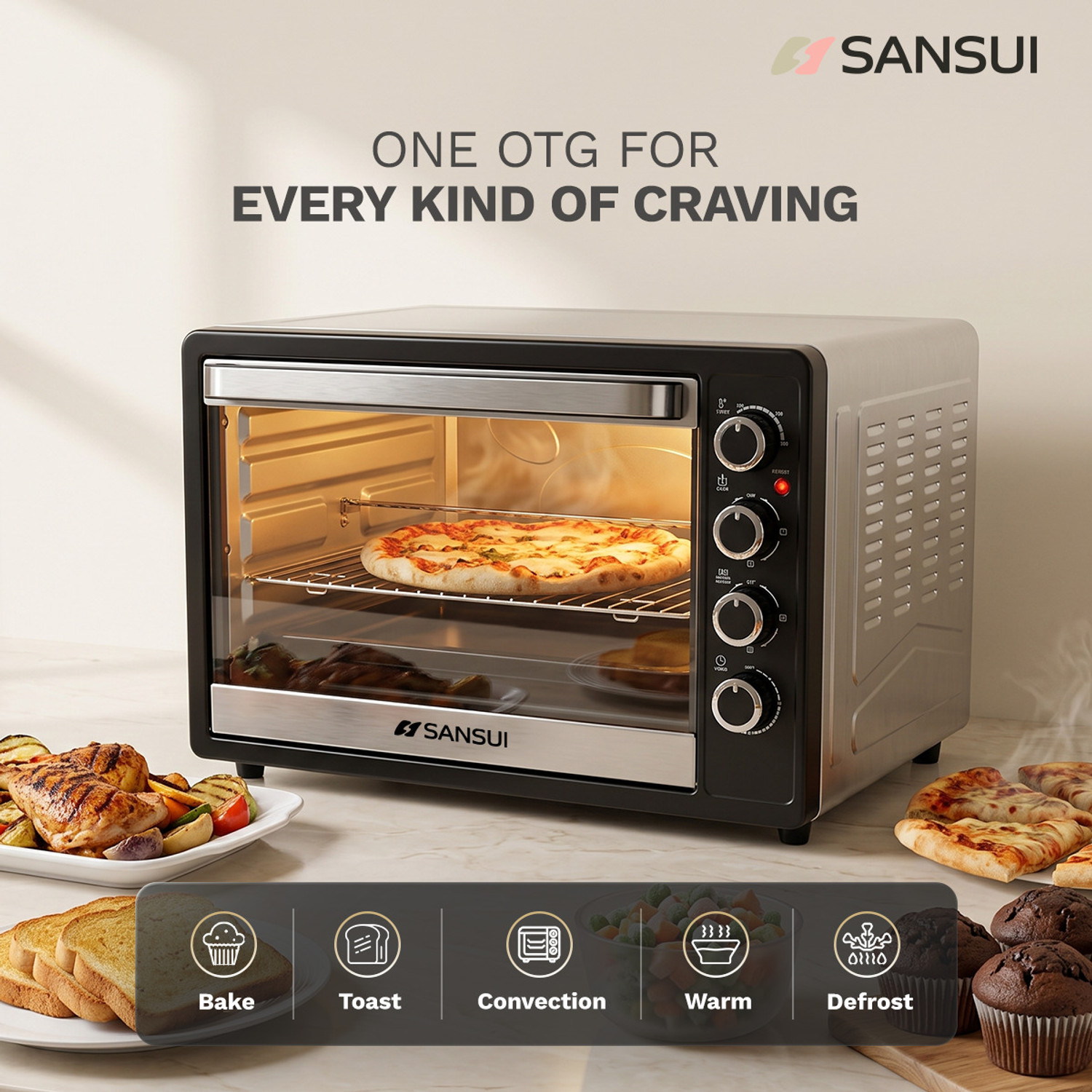 Image of Sansui 48-Litre 2000 Watt, Interior Light,Convention Fan, 5 Cooking Modes with Rottisserie Set Oven Toaster Grill OTG SNOT48RNTAB, Black