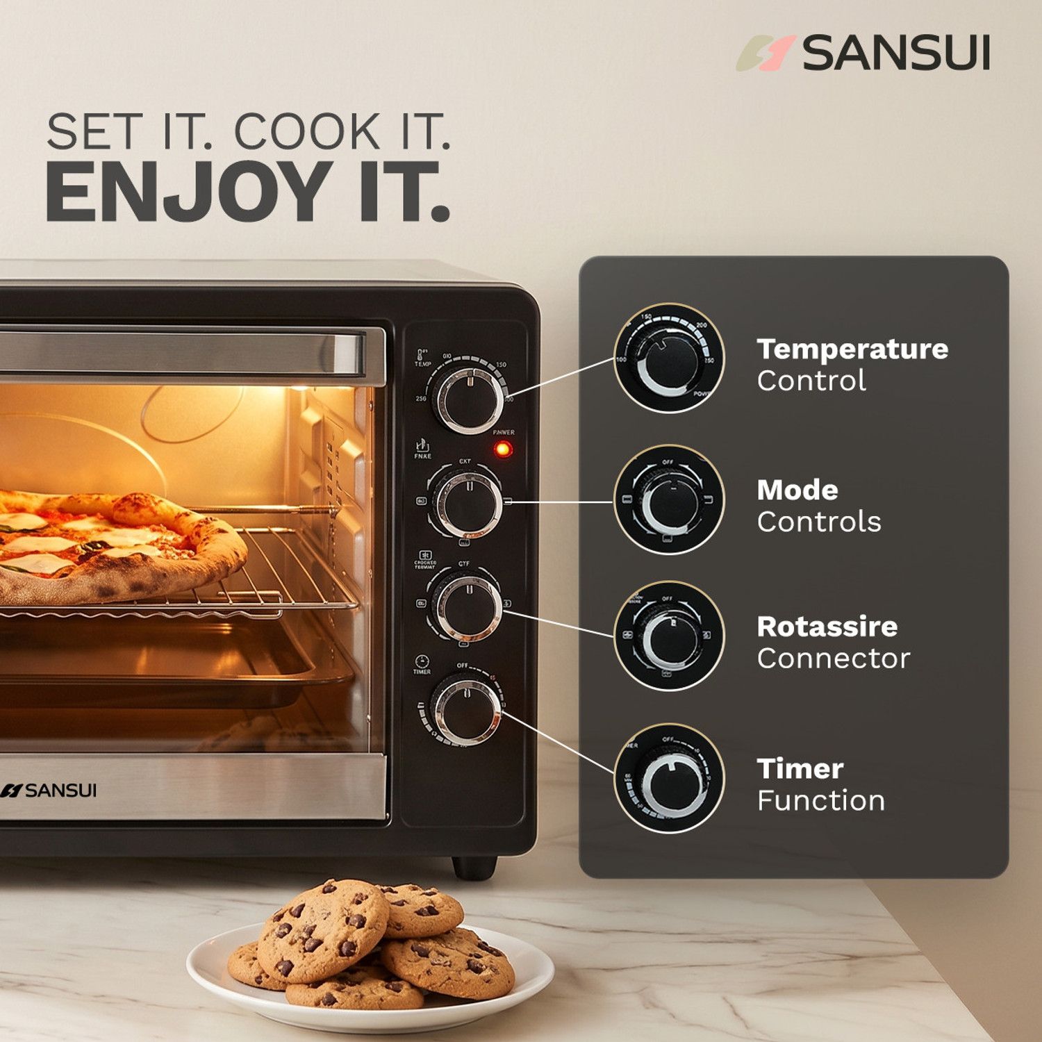 Image of Sansui 48-Litre 2000 Watt, Interior Light,Convention Fan, 5 Cooking Modes with Rottisserie Set Oven Toaster Grill OTG SNOT48RNTAB, Black