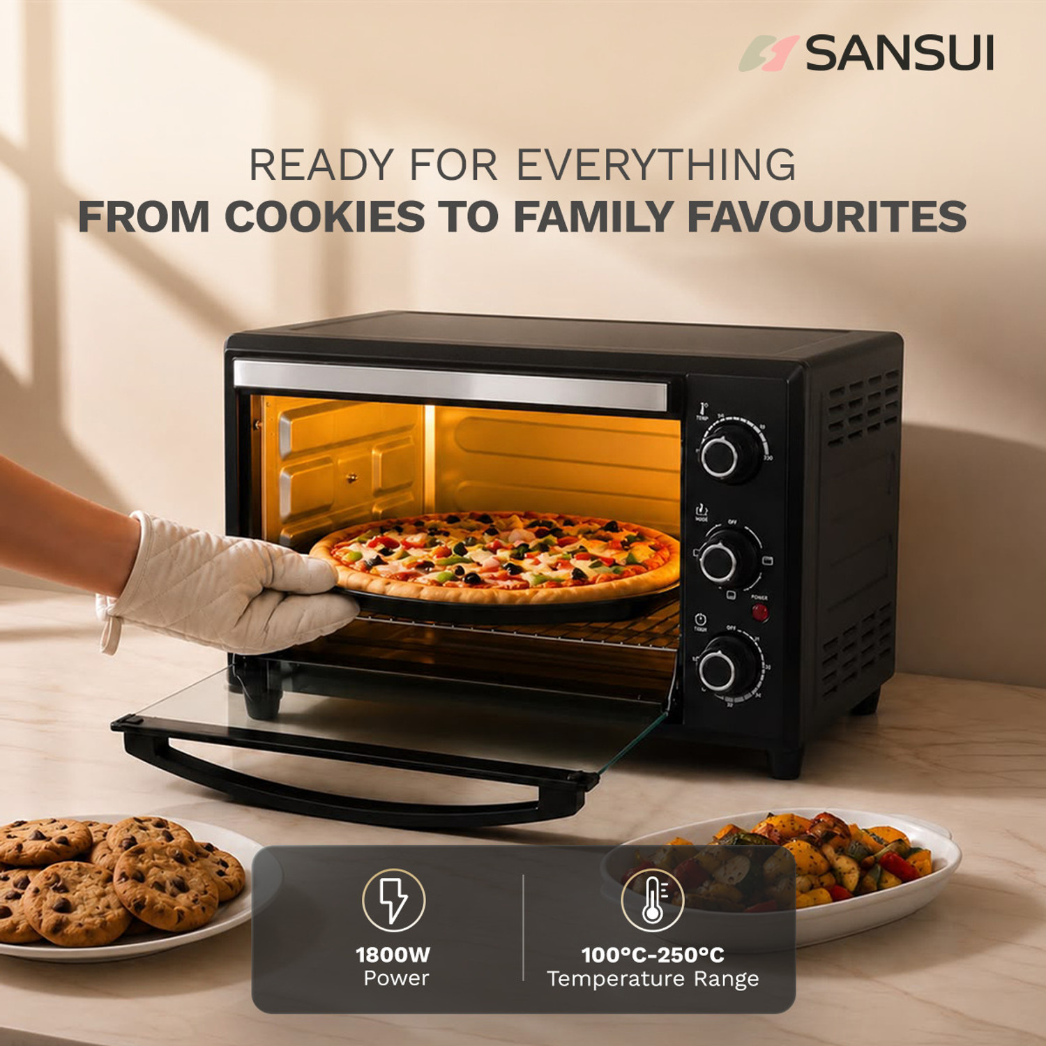 Image of Sansui 33-Litre 1800 Watt, Interior Light, 4 Cooking Modes Oven Toaster Grill OTG SNOT33NNTAB, Black