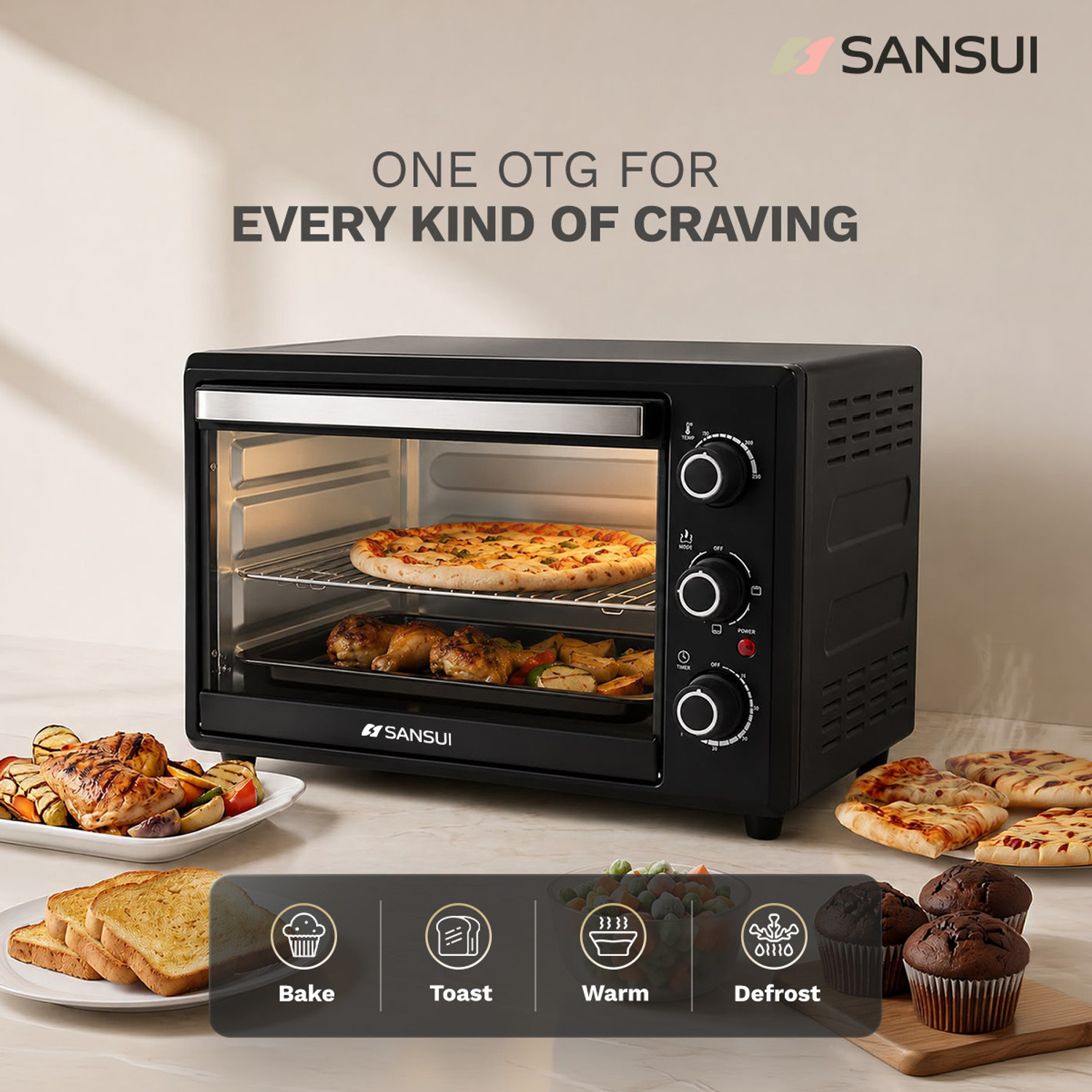 Image of Sansui 33-Litre 1800 Watt, Interior Light, 4 Cooking Modes Oven Toaster Grill OTG SNOT33NNTAB, Black