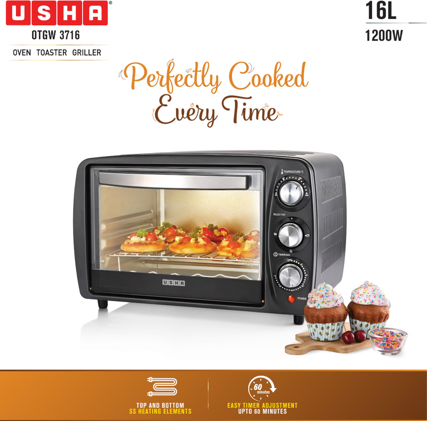 Image of USHA 16-Litre Oven Toaster Grill OTG OTGW 3716, Black