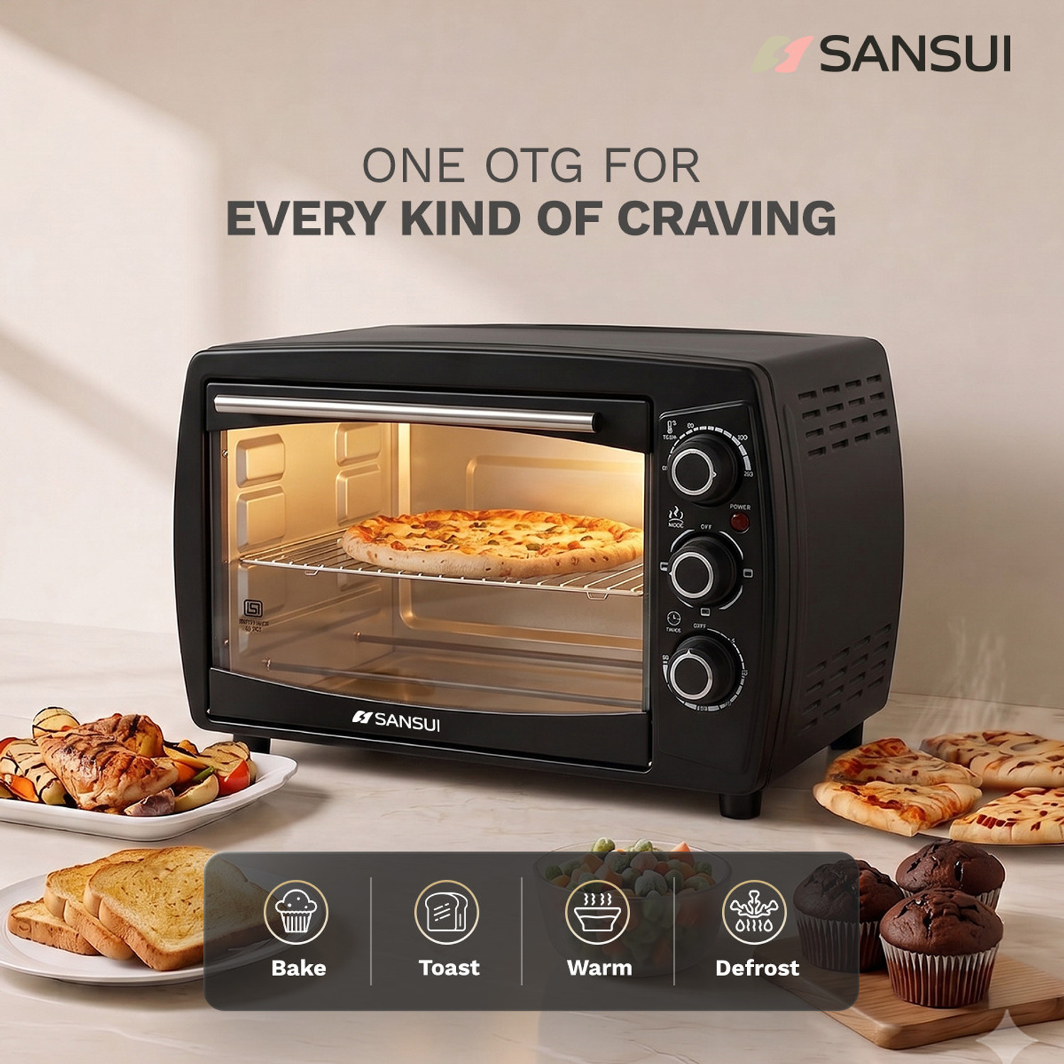 Image of Sansui 18-Litre 1200 Watt, Interior Light, 4 Cooking Modes Oven Toaster Grill OTG SNOT18NNTAB, Black