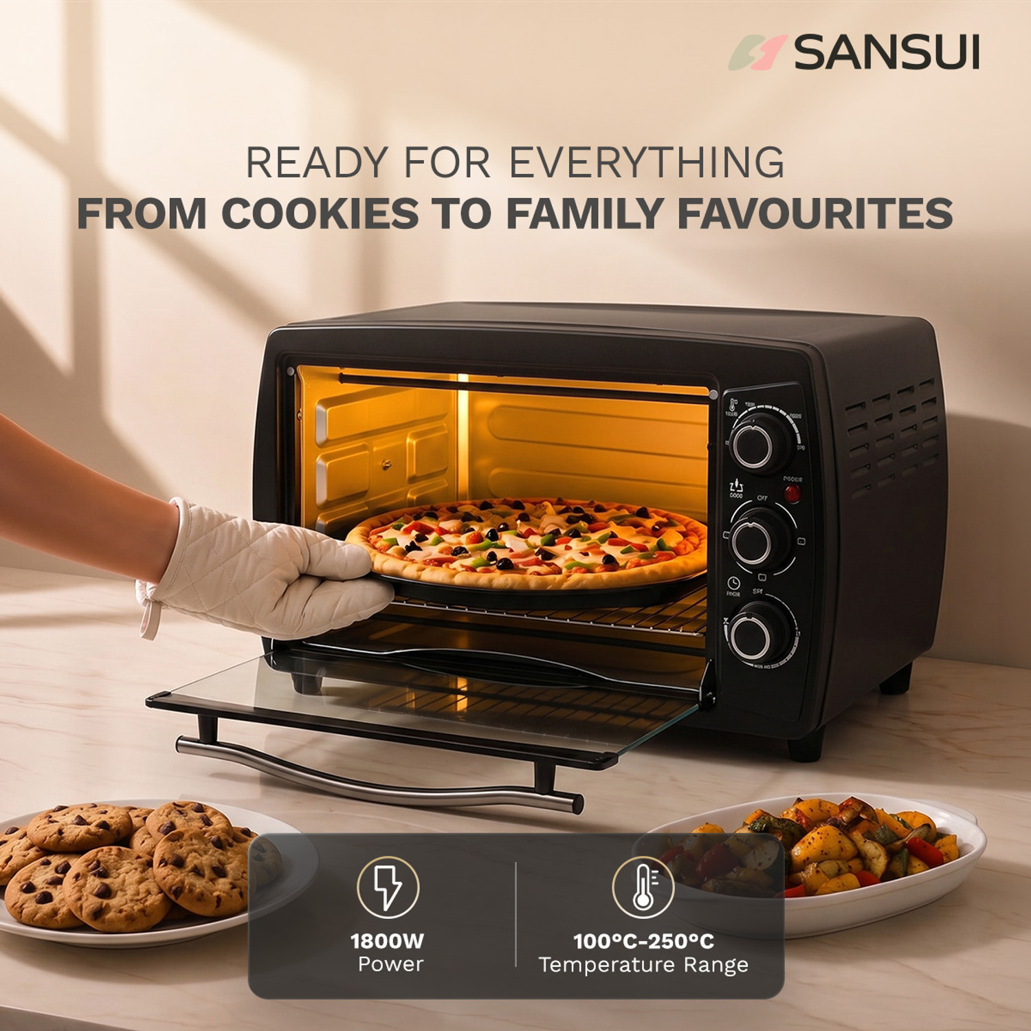 Image of Sansui 18-Litre 1200 Watt, Interior Light, 4 Cooking Modes Oven Toaster Grill OTG SNOT18NNTAB, Black