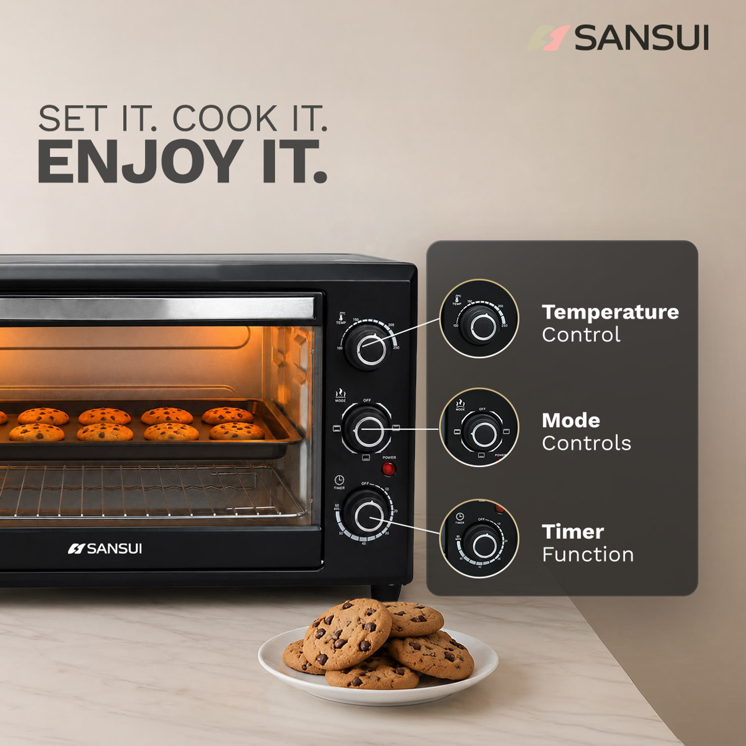 Image of Sansui 33-Litre 1800 Watt, Interior Light, 4 Cooking Modes Oven Toaster Grill OTG SNOT33NNTAB, Black