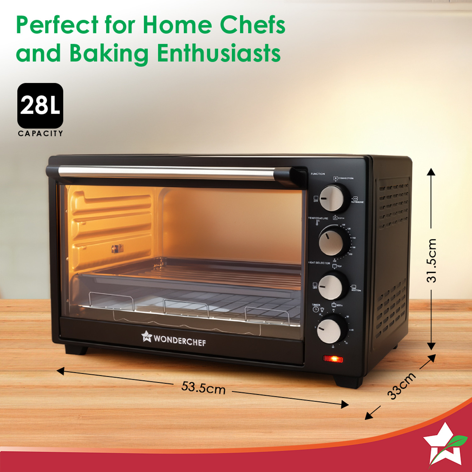 Image of WONDERCHEF 28-Litre Oven Toaster Grill OTG with Rotisserie,Auto-shut off, heat-resistant tempered glass, Black