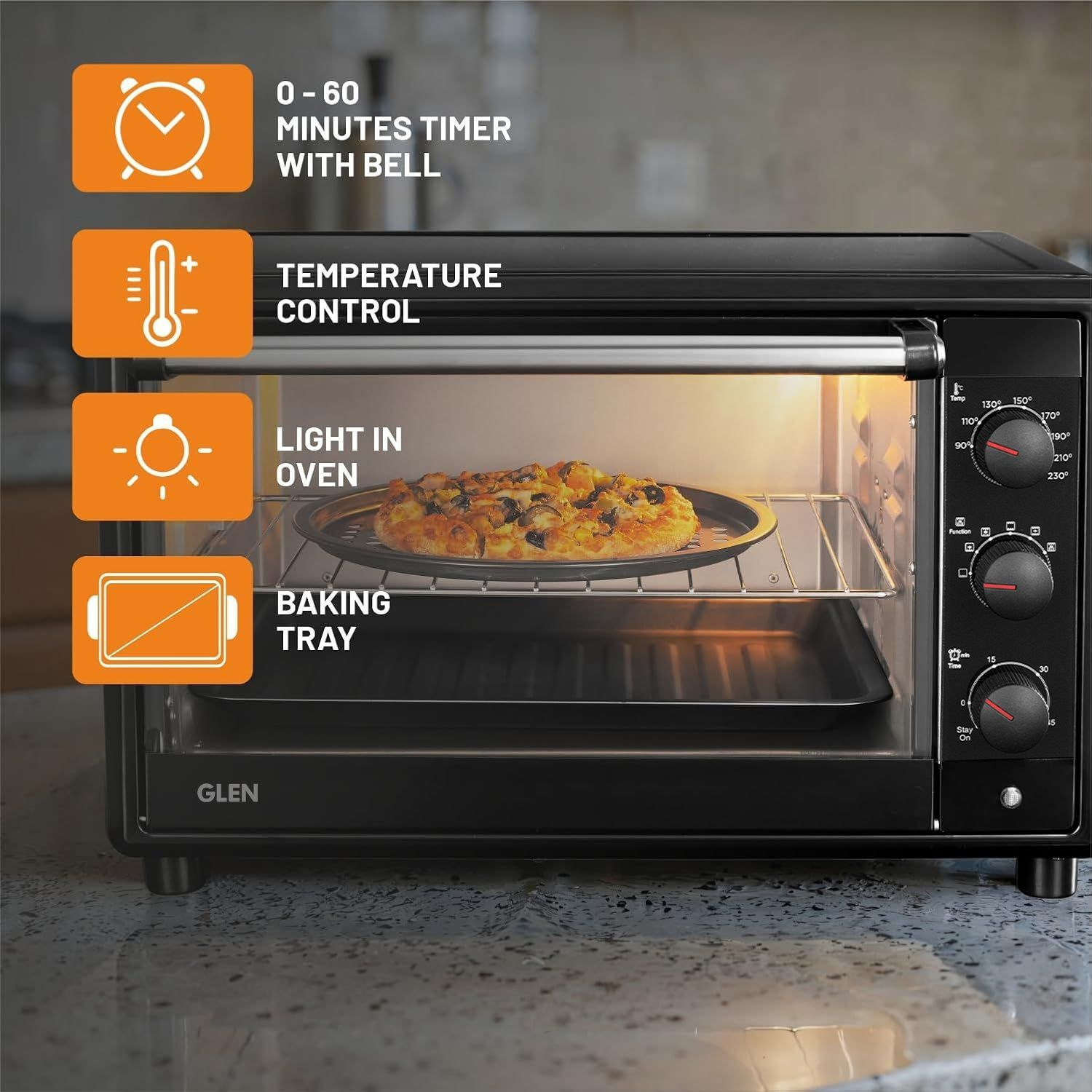 Image of Glen 35-Litre Oven Toaster Grill OTG OTG -35 L Motorized Rotisserie, Convection Fan, 2100W - Black (SA5035BLRC), Black