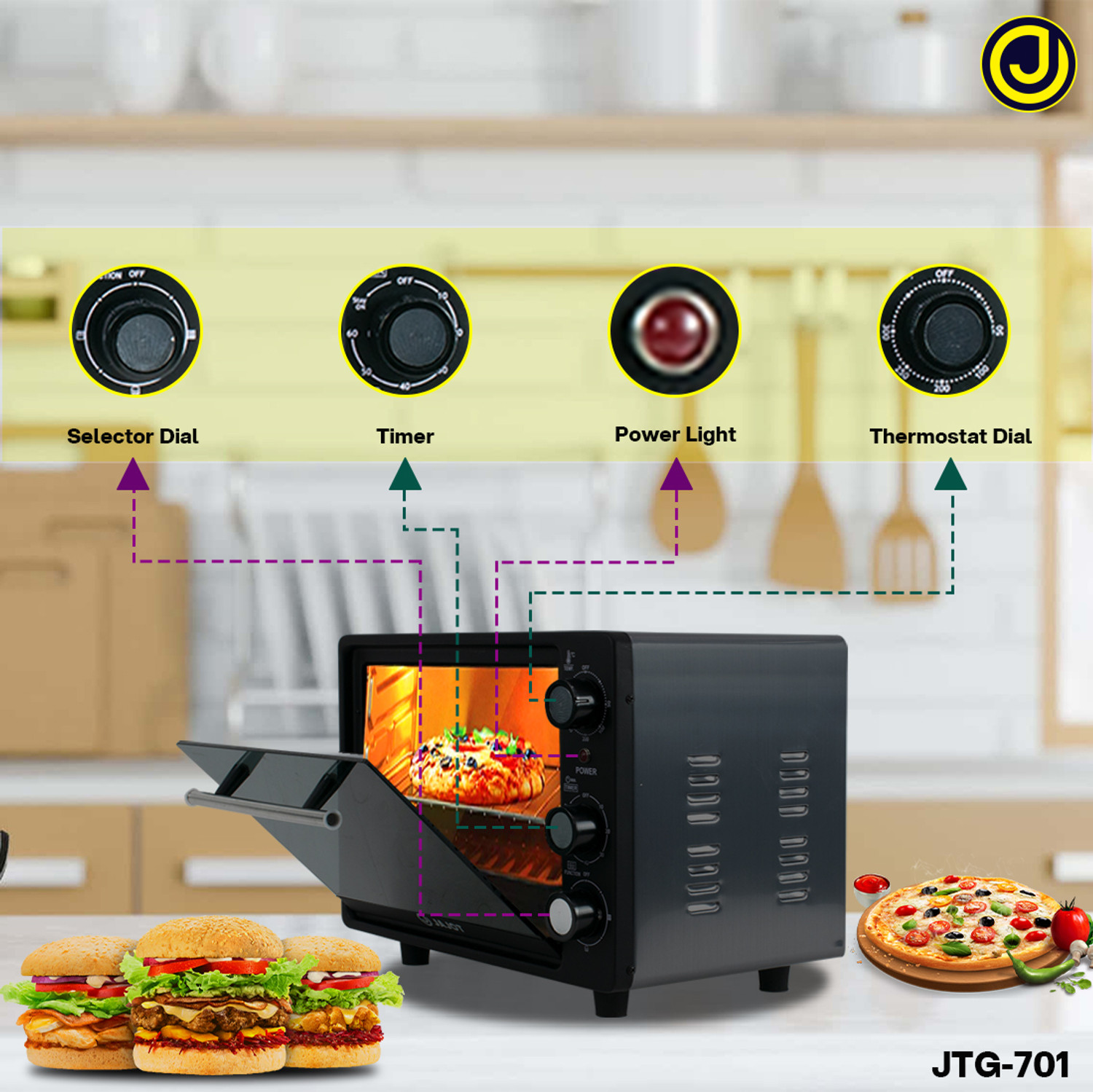 Image of jajot 18-Litre Oven Toaster Grill OTG 18 Litre, Cake Baking, Grilling, Toasting, OTG, 1200 Watts, yellow, Blue