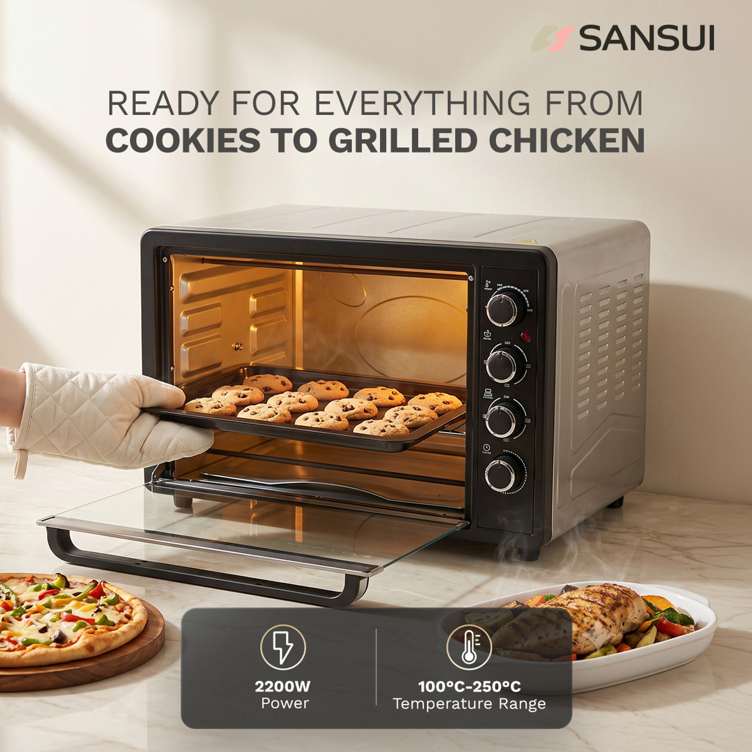Image of Sansui 63-Litre 2200 Watt, Interior Light,Convention Fan, 5 Cooking Modes with Rottisserie Set Oven Toaster Grill OTG SNOT63RNTAB, Black