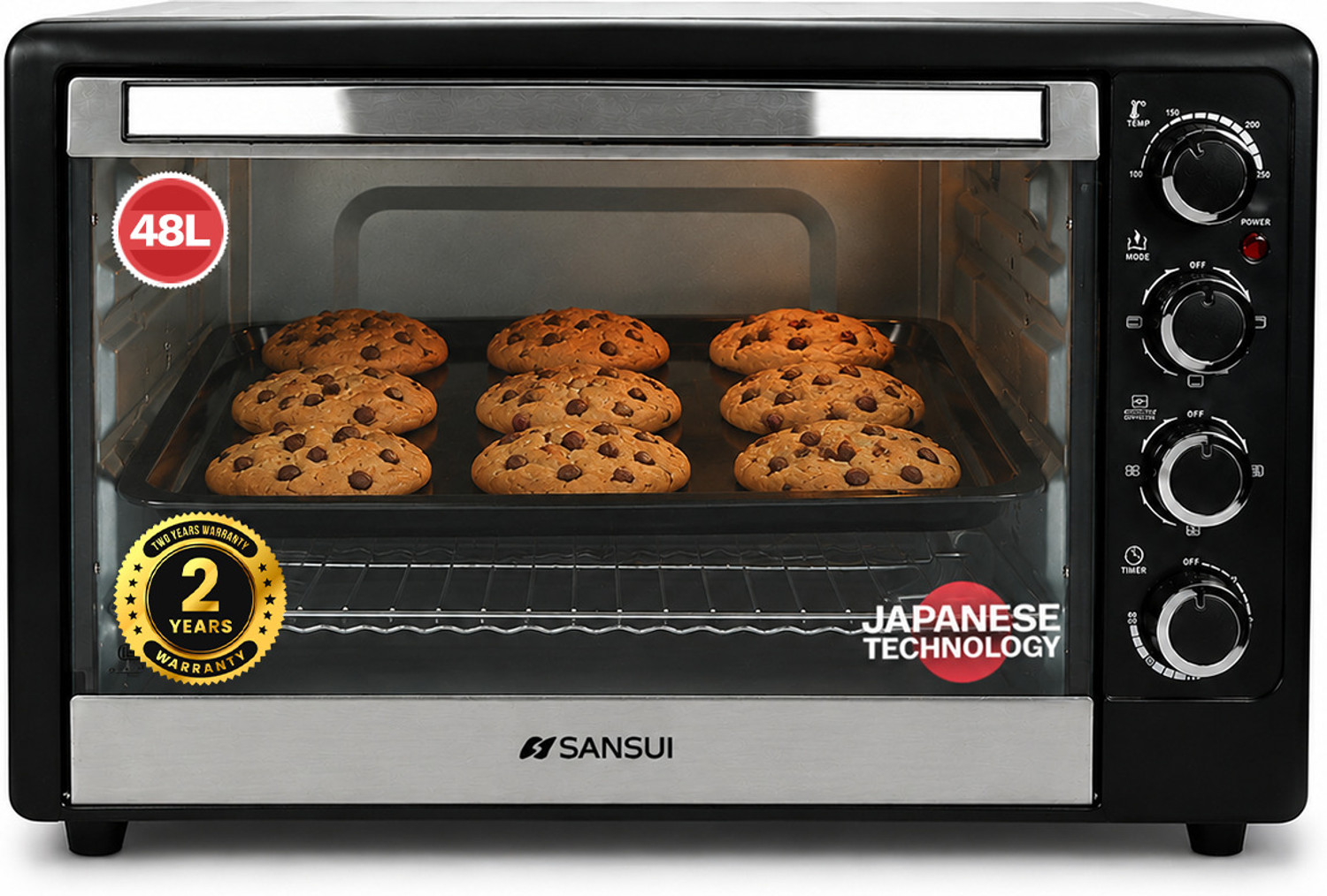 Image of Sansui 48-Litre 2000 Watt, Interior Light,Convention Fan, 5 Cooking Modes with Rottisserie Set Oven Toaster Grill OTG SNOT48RNTAB, Black
