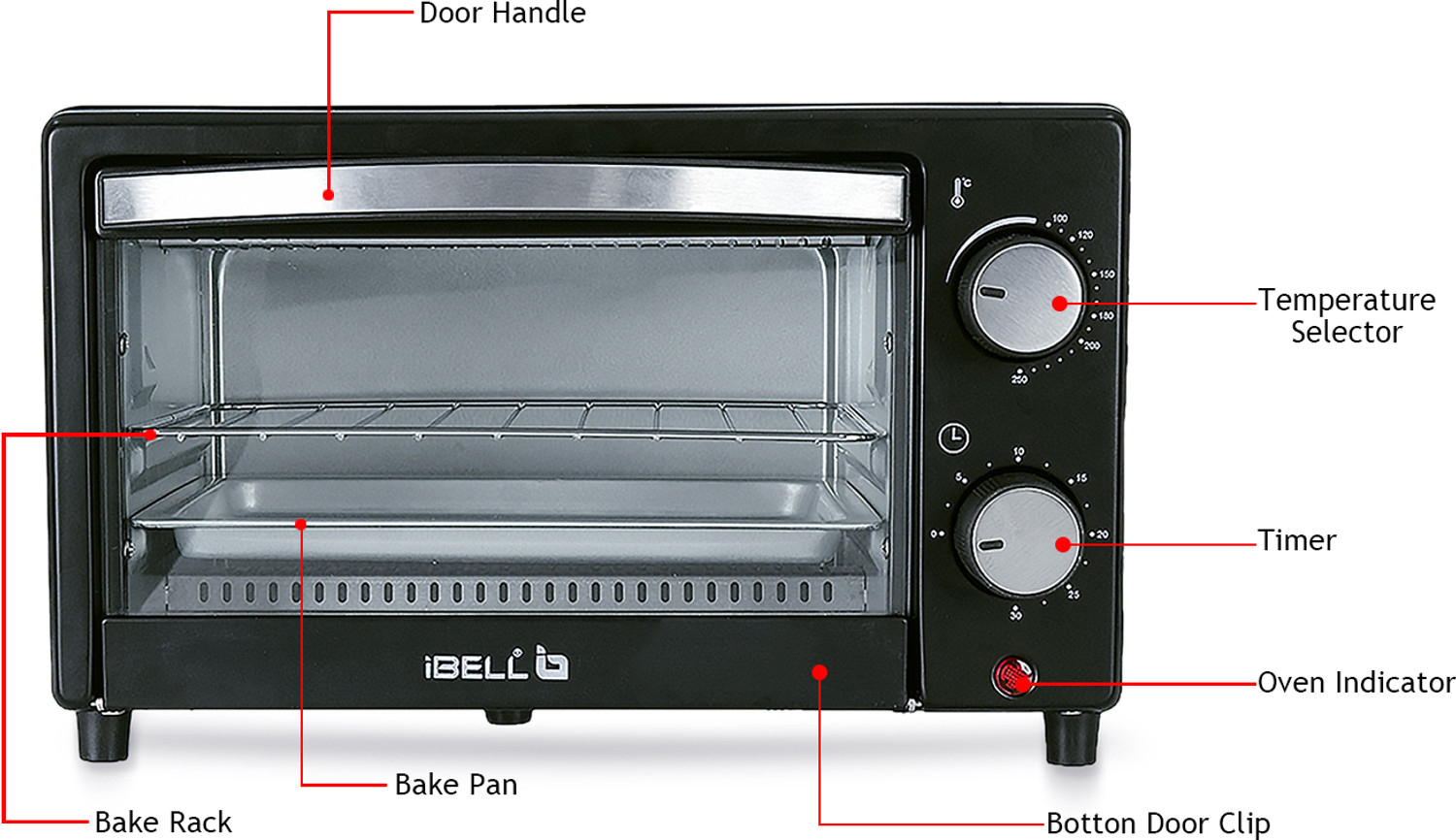 Image of iBELL 10-Litre Oven Toaster Grill OTG WAVE10 OTG Multi-Purpose Oven, Toaster, Griller, Temperature & Timer Settings, Black