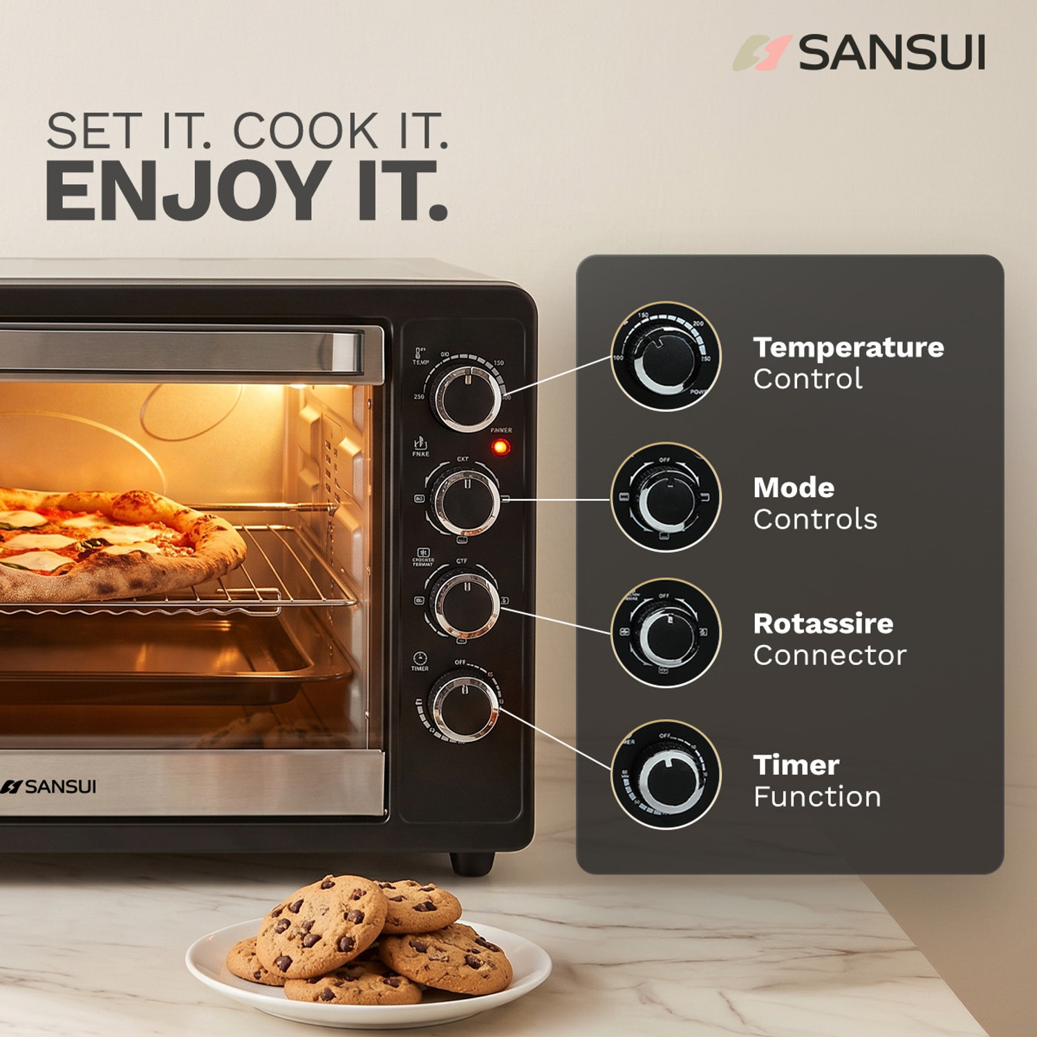 Image of Sansui 63-Litre 2200 Watt, Interior Light,Convention Fan, 5 Cooking Modes with Rottisserie Set Oven Toaster Grill OTG SNOT63RNTAB, Black