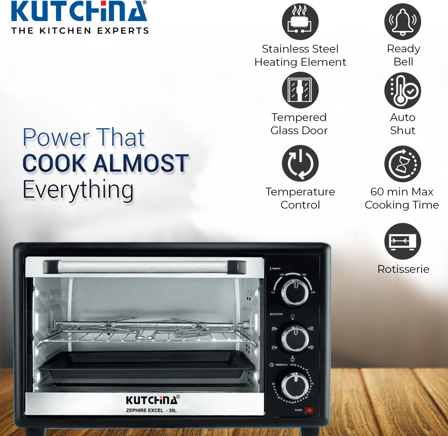 Image of Kutchina 30-Litre Oven Toaster Grill OTG Zephire Excel 1600 Watt Electric Oven Toaster Grill with Rotisserie, Black
