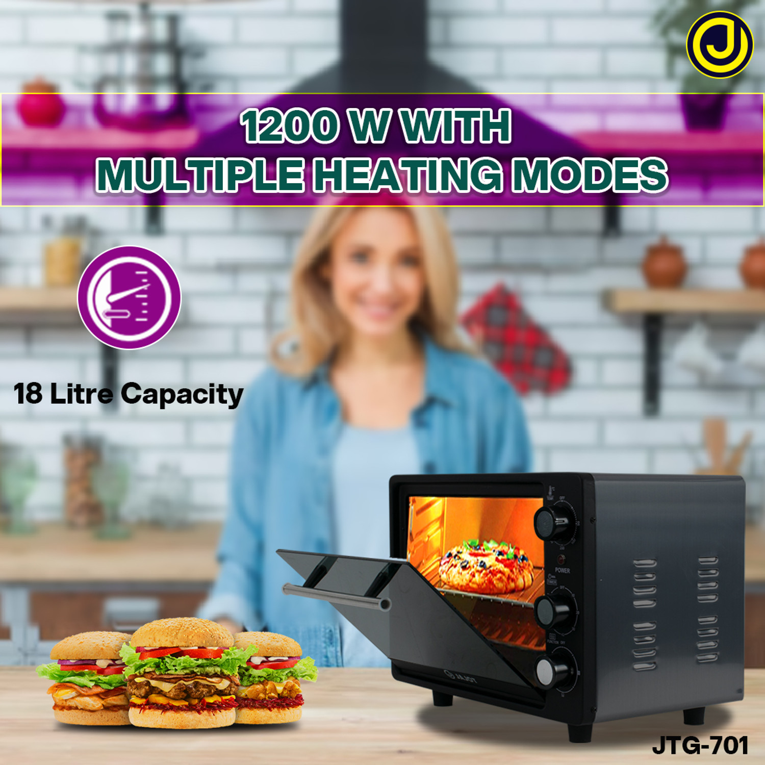 Image of jajot 18-Litre Oven Toaster Grill OTG 18 Litre, Cake Baking, Grilling, Toasting, OTG, 1200 Watts, yellow, Blue