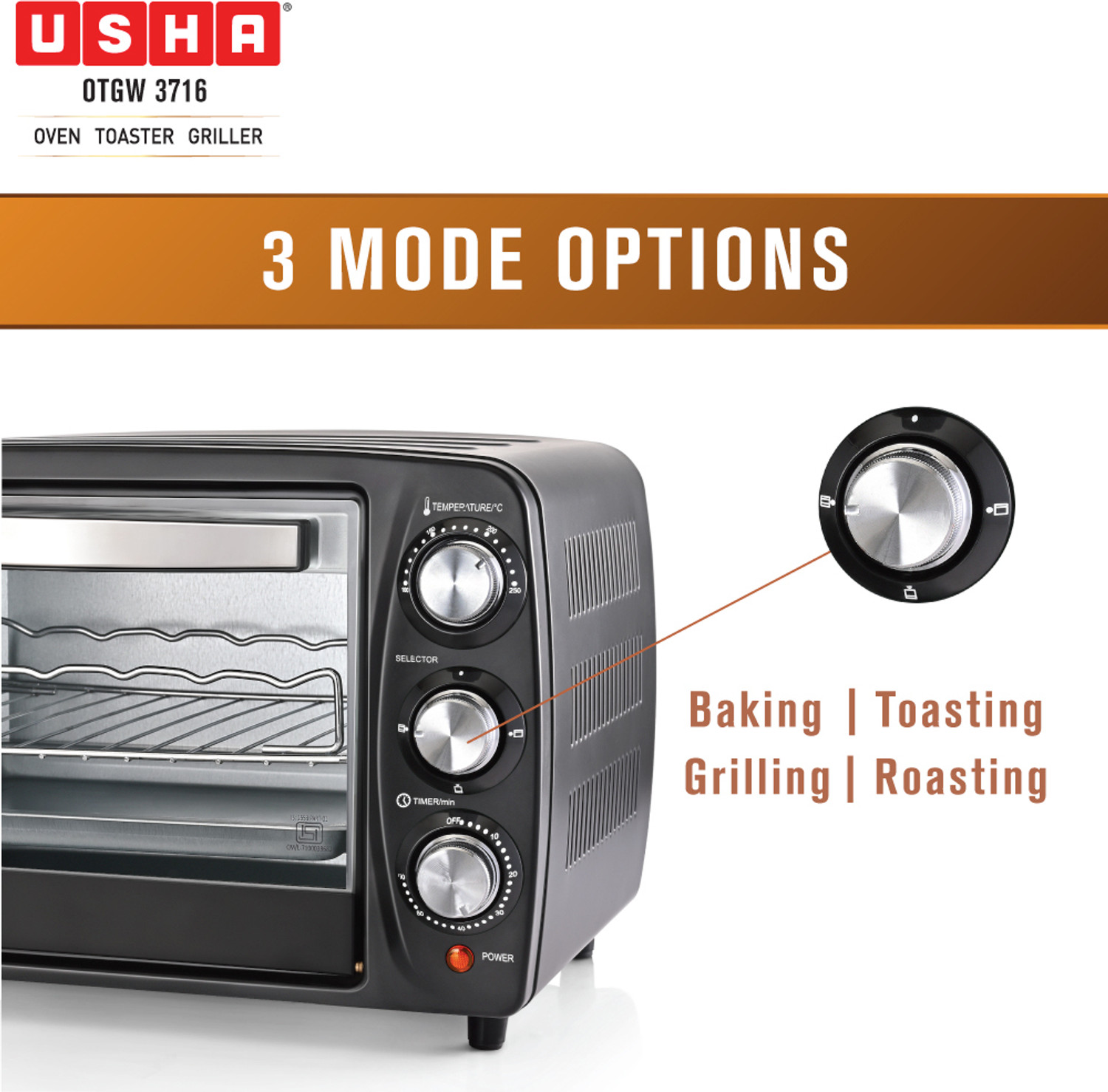 Image of USHA 16-Litre Oven Toaster Grill OTG OTGW 3716, Black